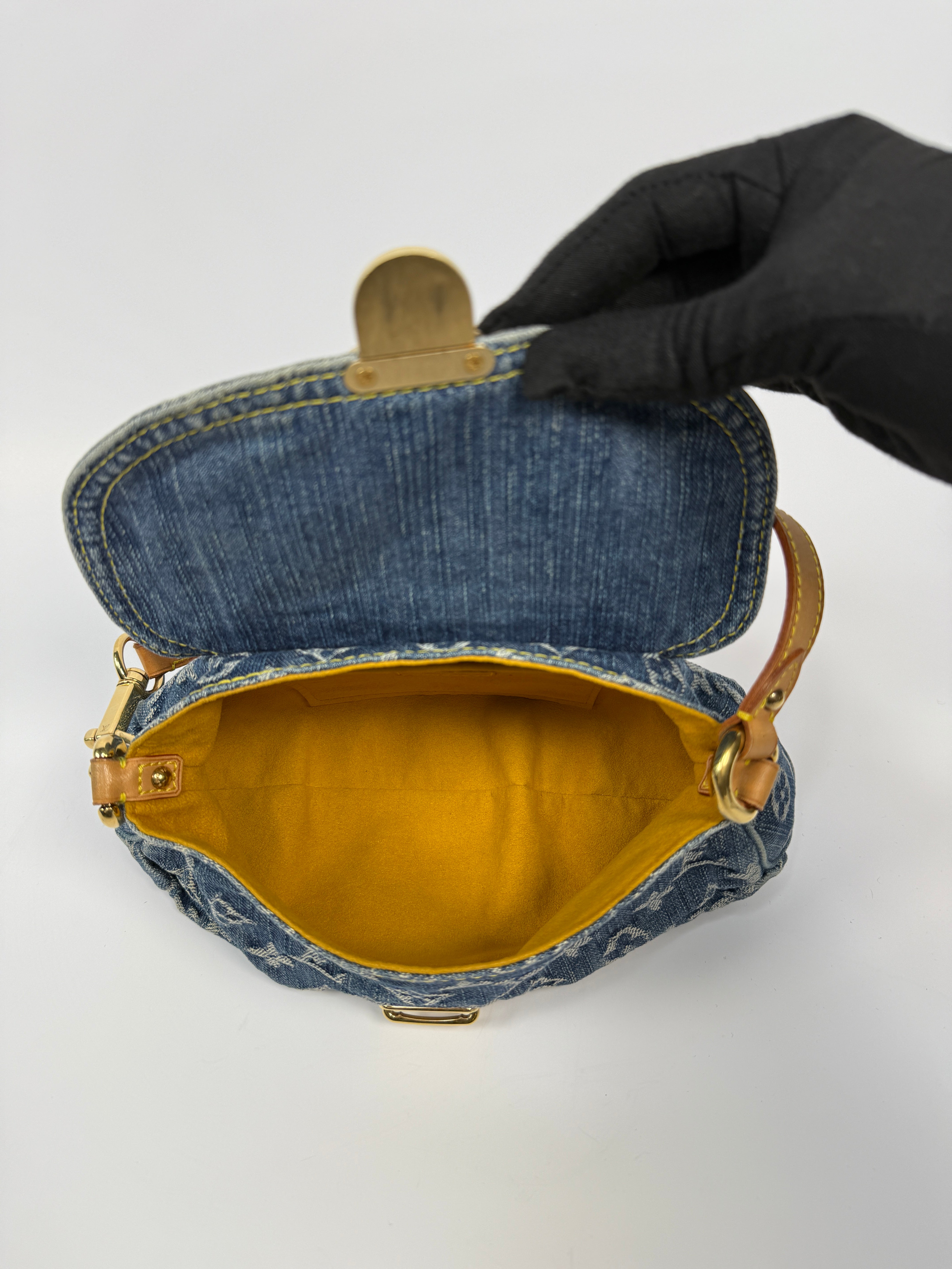 Louis Vuitton Mini Pleaty Bag In Denim Monogram With Gold Hardware, Authentic And Preloved In Excellent Condition