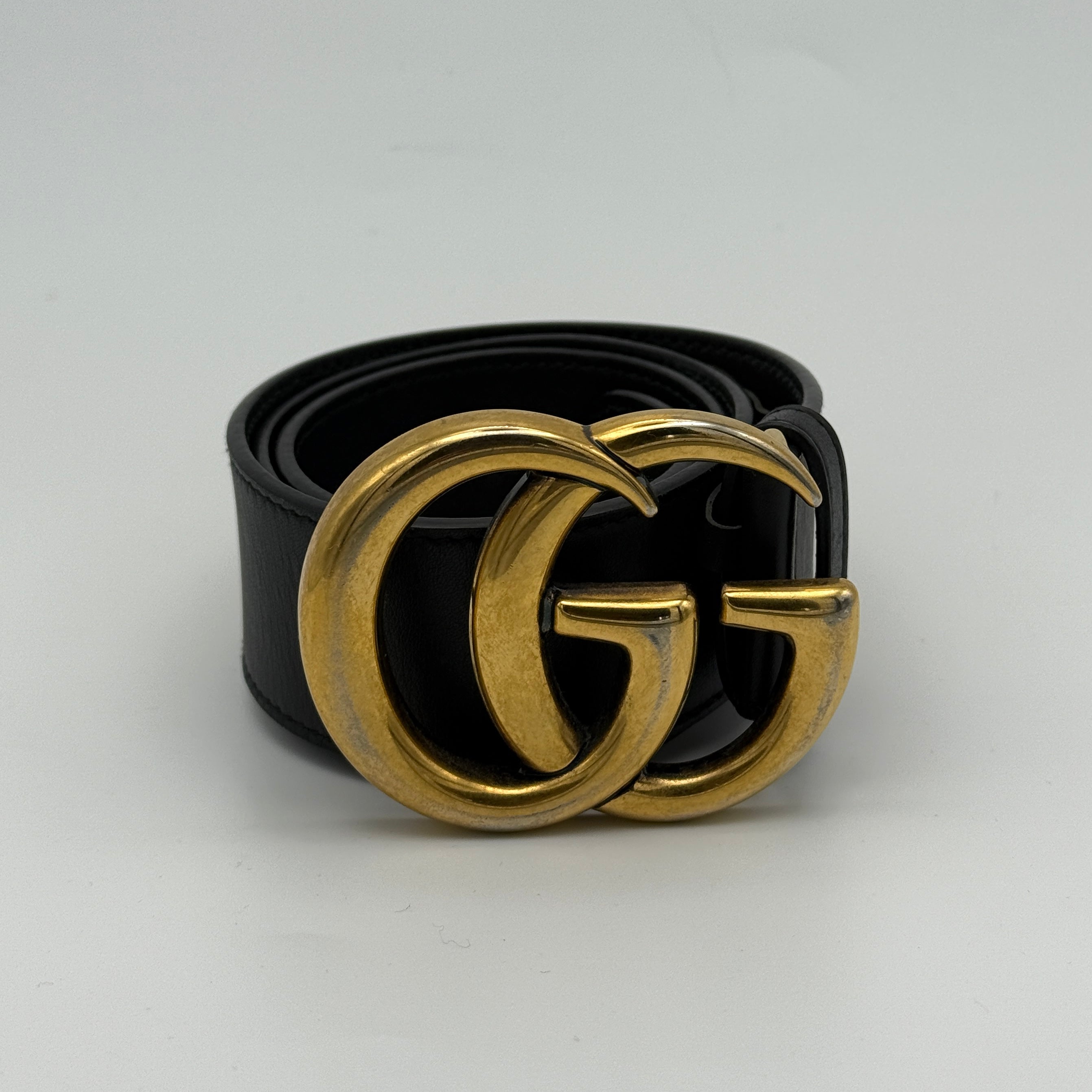 Gucci GG Marmont Wide Belt In Black Leather With Gold GG Buckle. Authentic and preloved in Excellent condition. Insured next day delivery. Verified by Luxe Cheshire. 