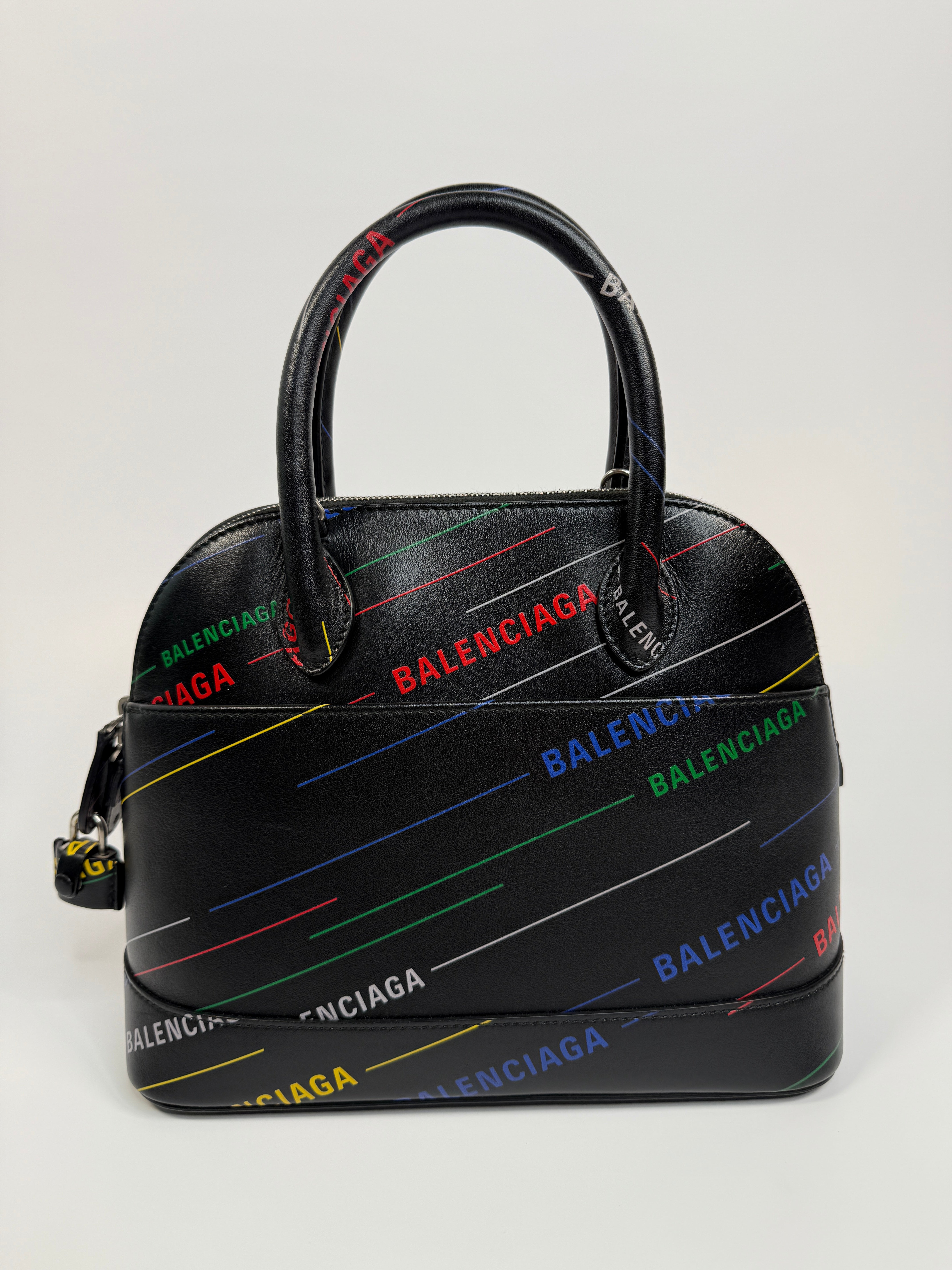 Balenciaga Ville Top Handle Bag In Black with Coloured Logo Writing. Authentic and preloved in excellent condition