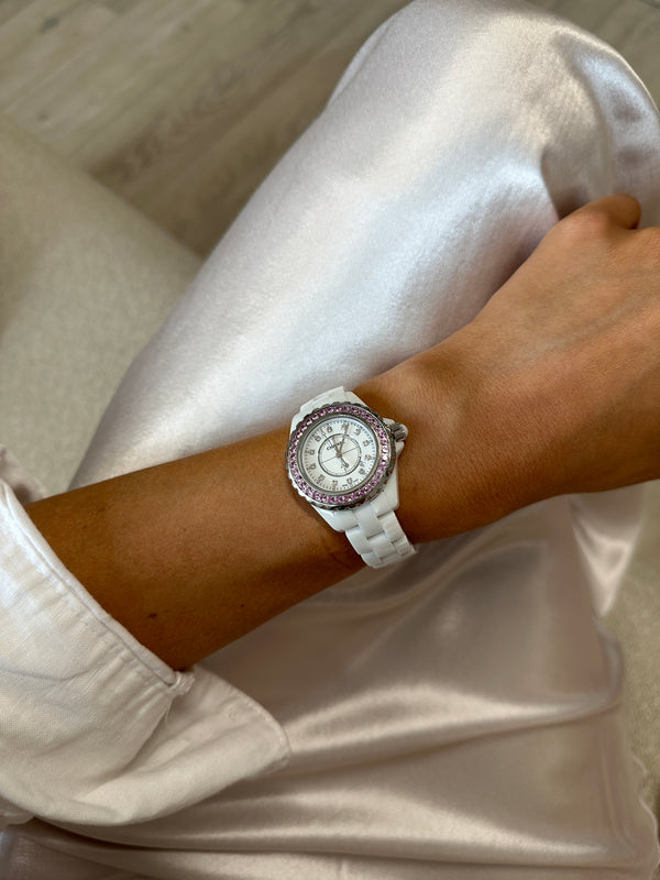 Chanel J12 White Ceramic & Steel Pink Sapphires Bezel H2010