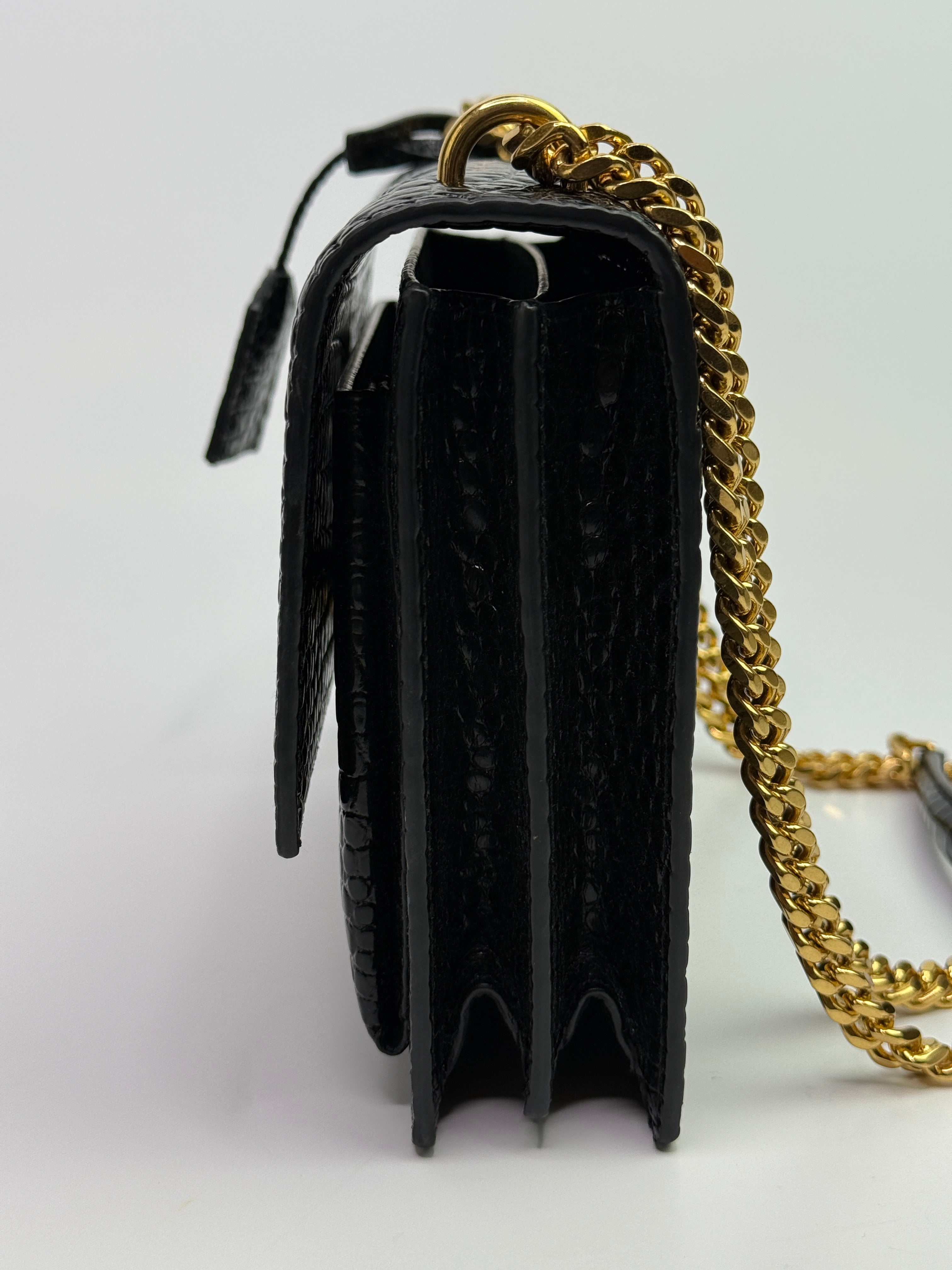 Saint Laurent Black Croc Embossed Sunset Bag