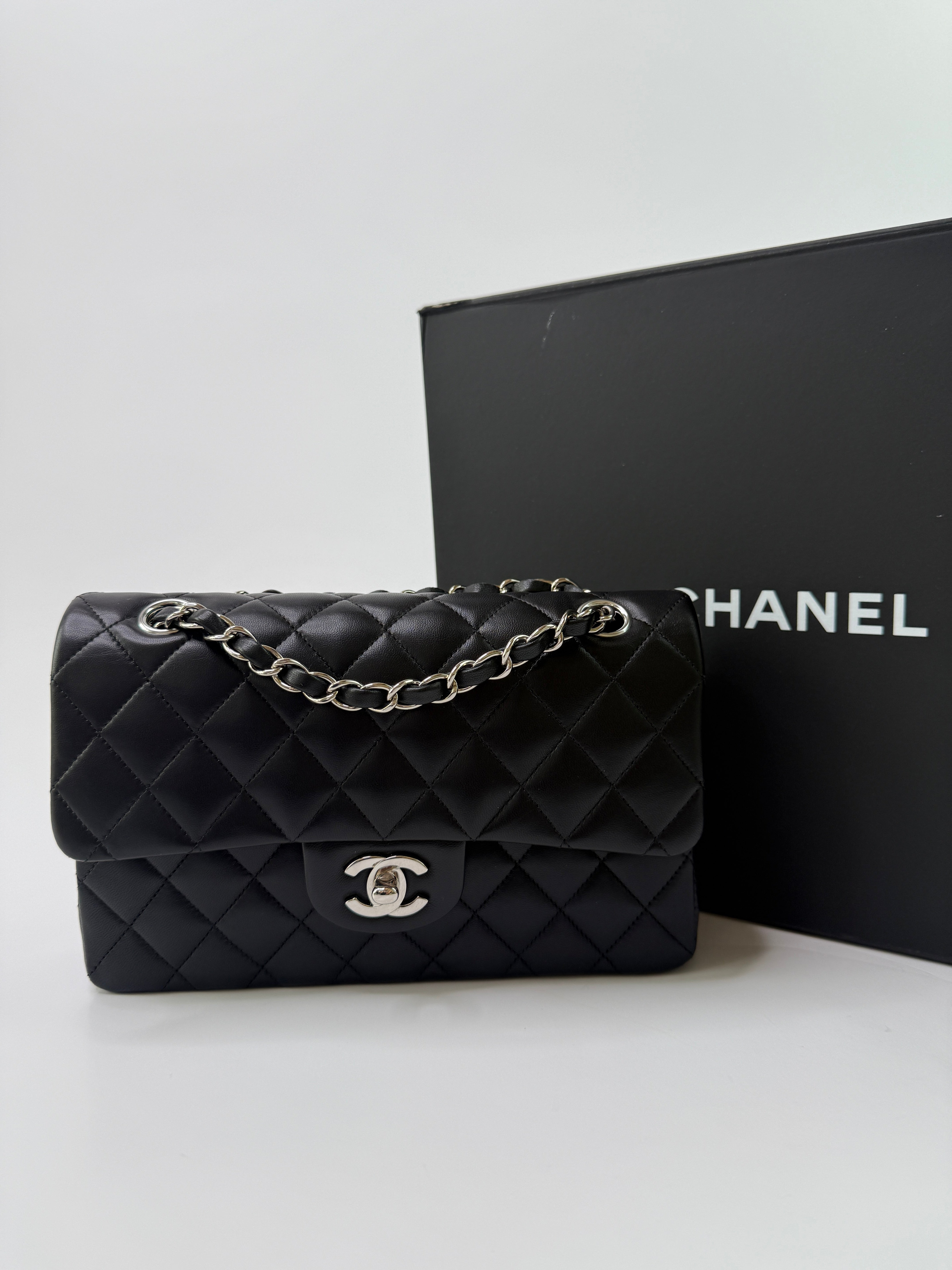 Chanel Small Classic Double Flap In Black Lambskin Leather With Silver Hardware
Pre Loved & Authentic 