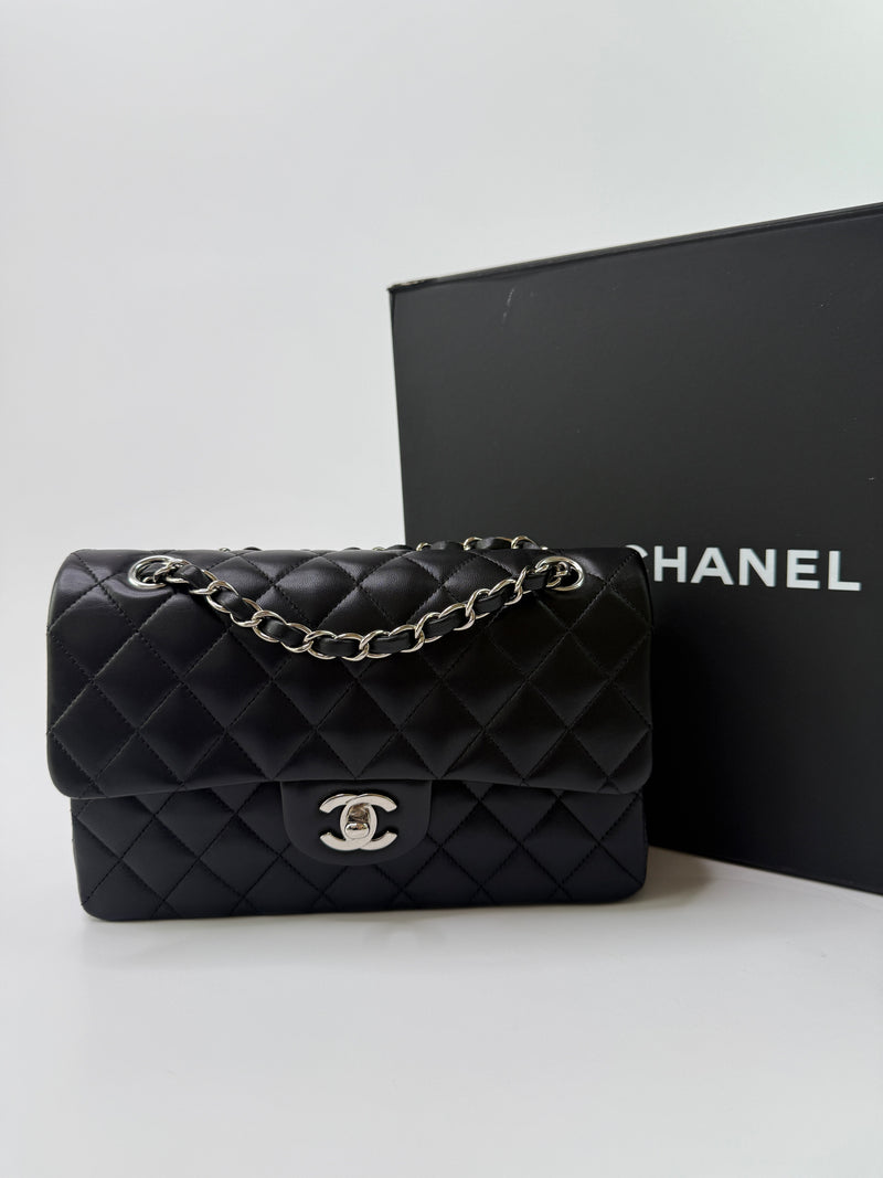 Chanel Small Classic Double Flap In Black Lambskin Leather With SHW