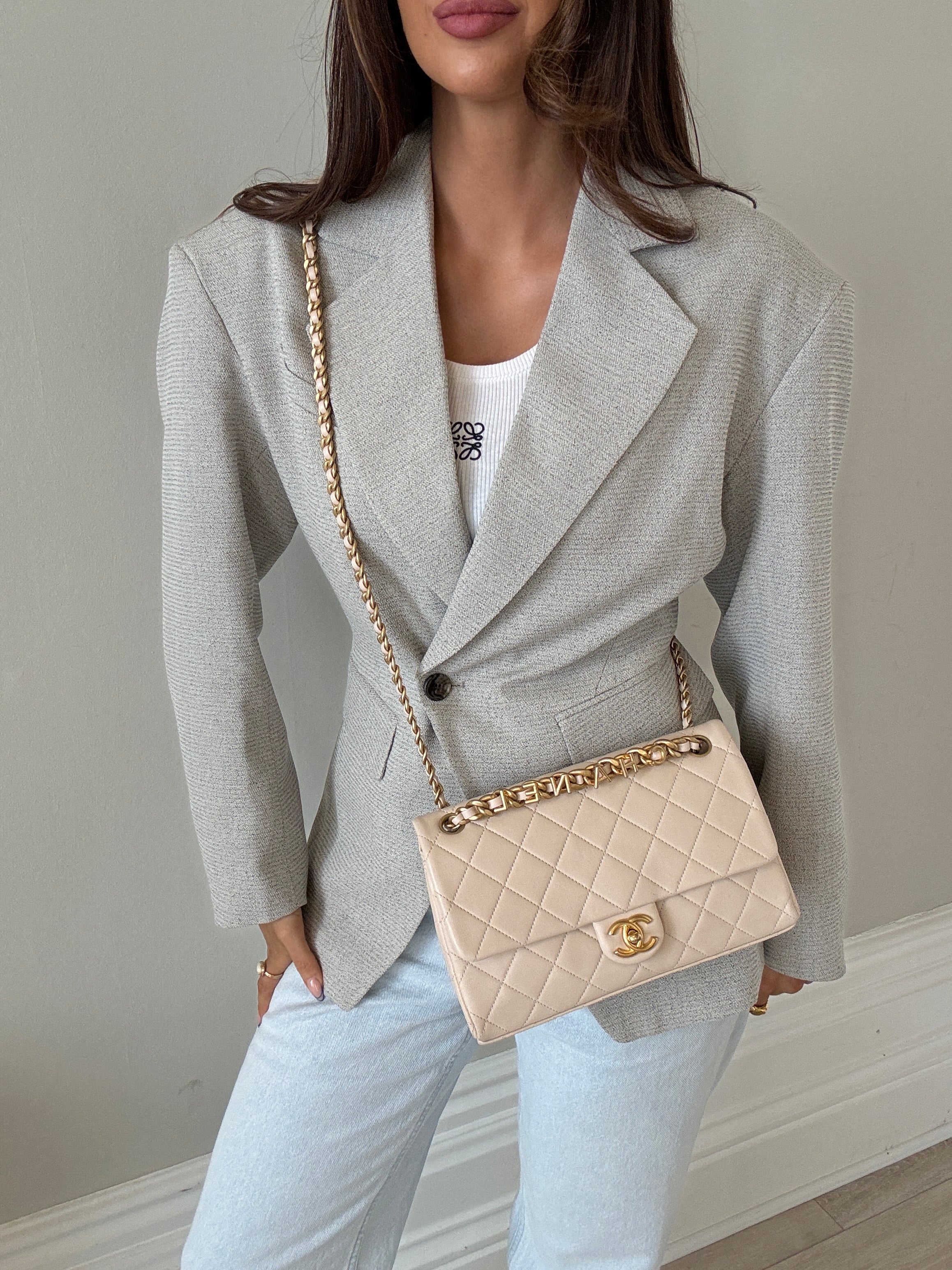 Chanel Medium Quilted Lambskin Logo Letters Touch Chain Flap Bag