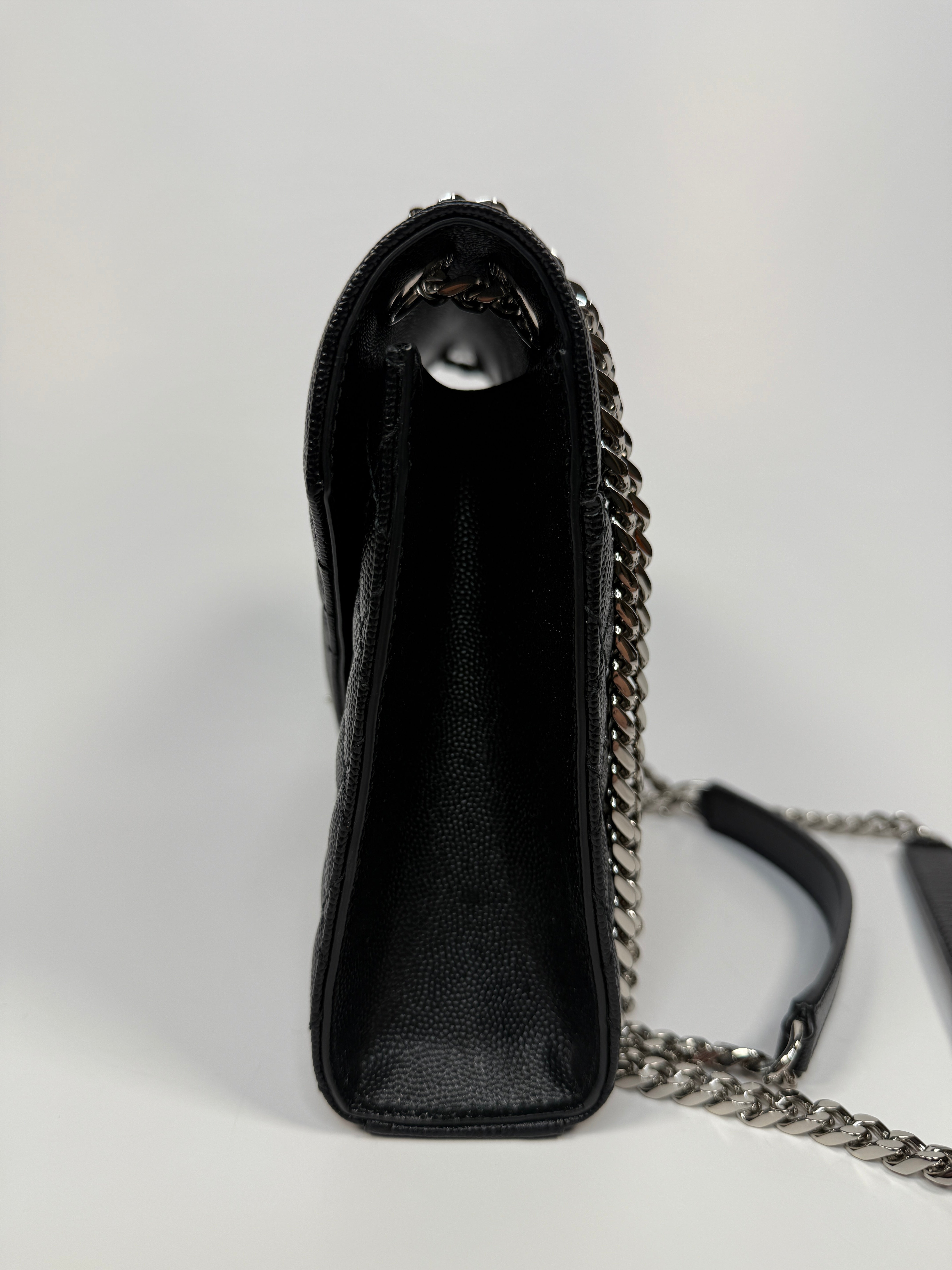 Saint Laurent Medium Envelope Bag In Blacked Grained Leather With Silver Hardware. Authentic and preloved. Excellent Condition