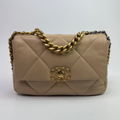 Chanel 19 Small Flap Bag In Beige Lambskin Leather