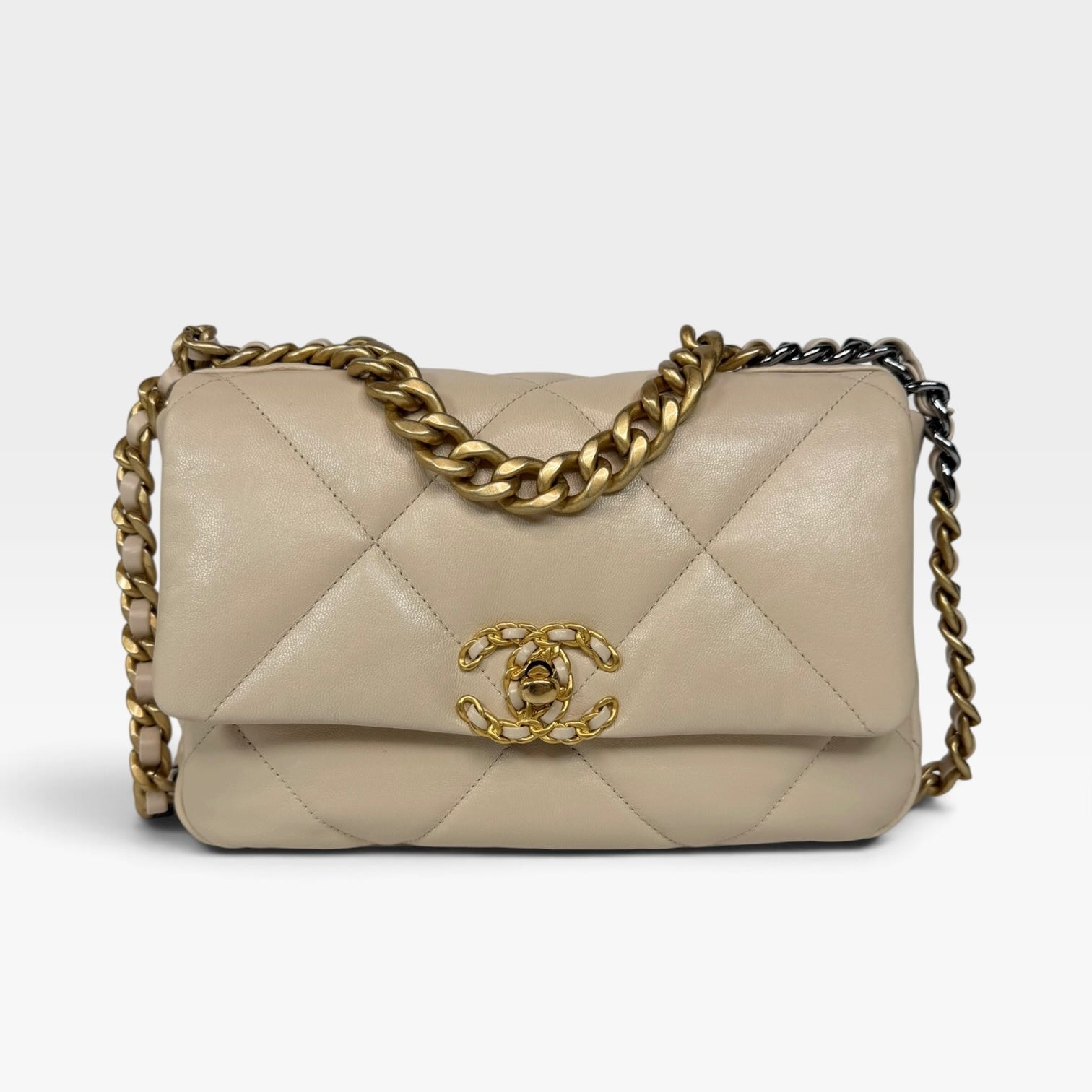 Chanel 19 Small In Beige Leather With Mixed Hardware. Authentic and preloved in excellent condition. Verified by Luxe Cheshire.