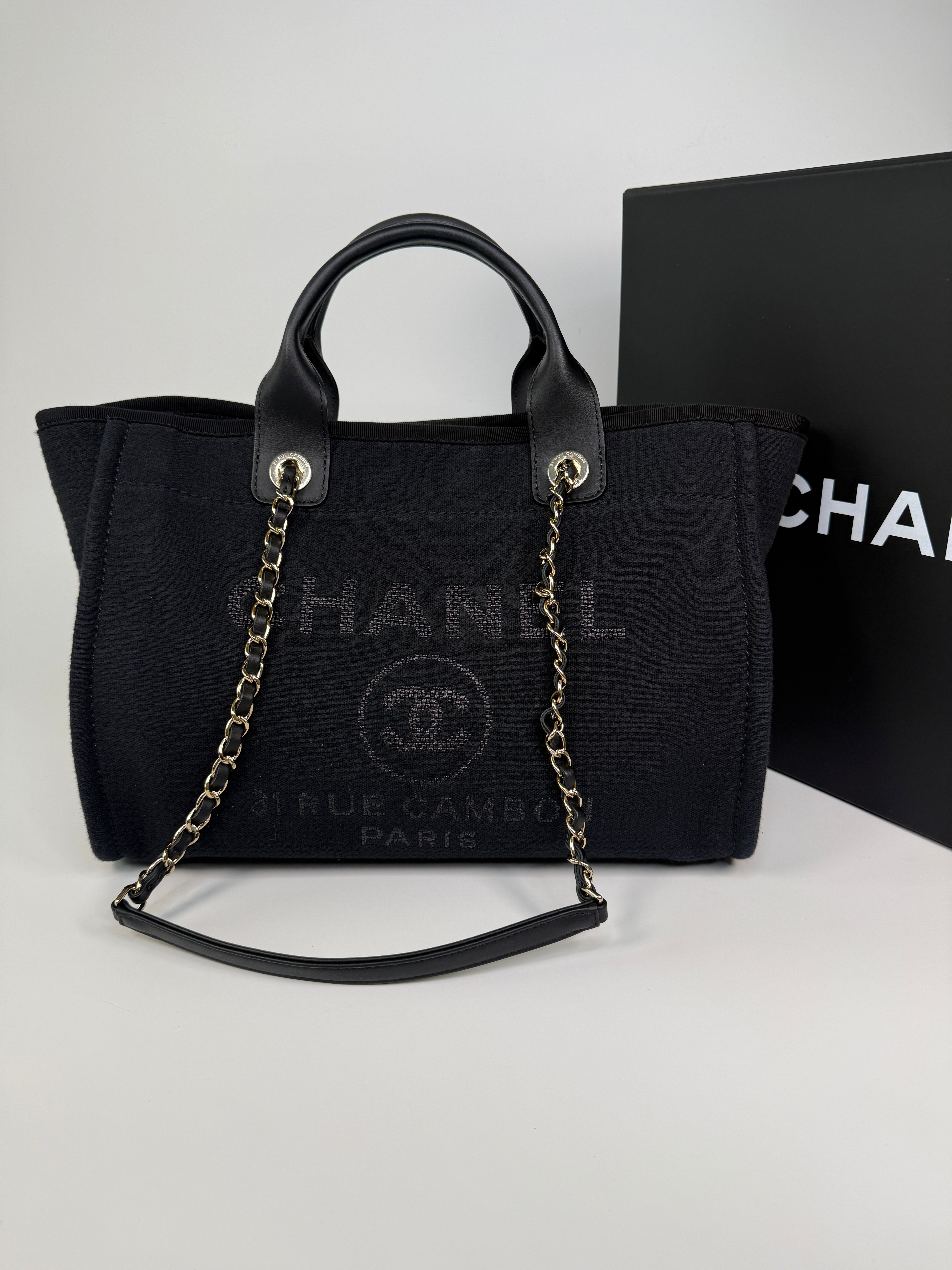Chanel Small Deauville Tote Bag In Black With Pale Gold Hardware 