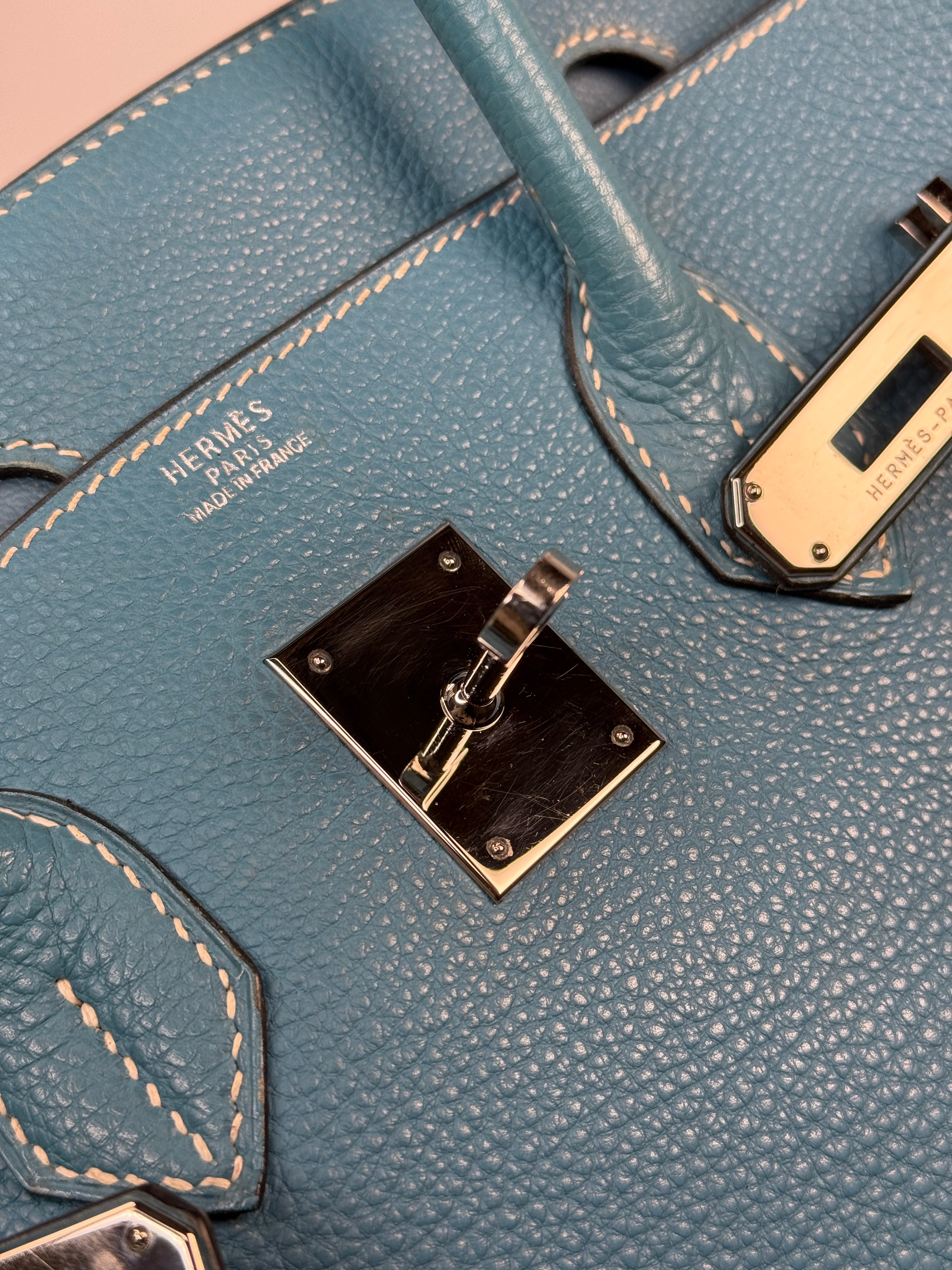 Authentic Pre Loved Hermès Birkin 30 In Blue Jean Togo Leather With Palladium Hardware Excellent Condition