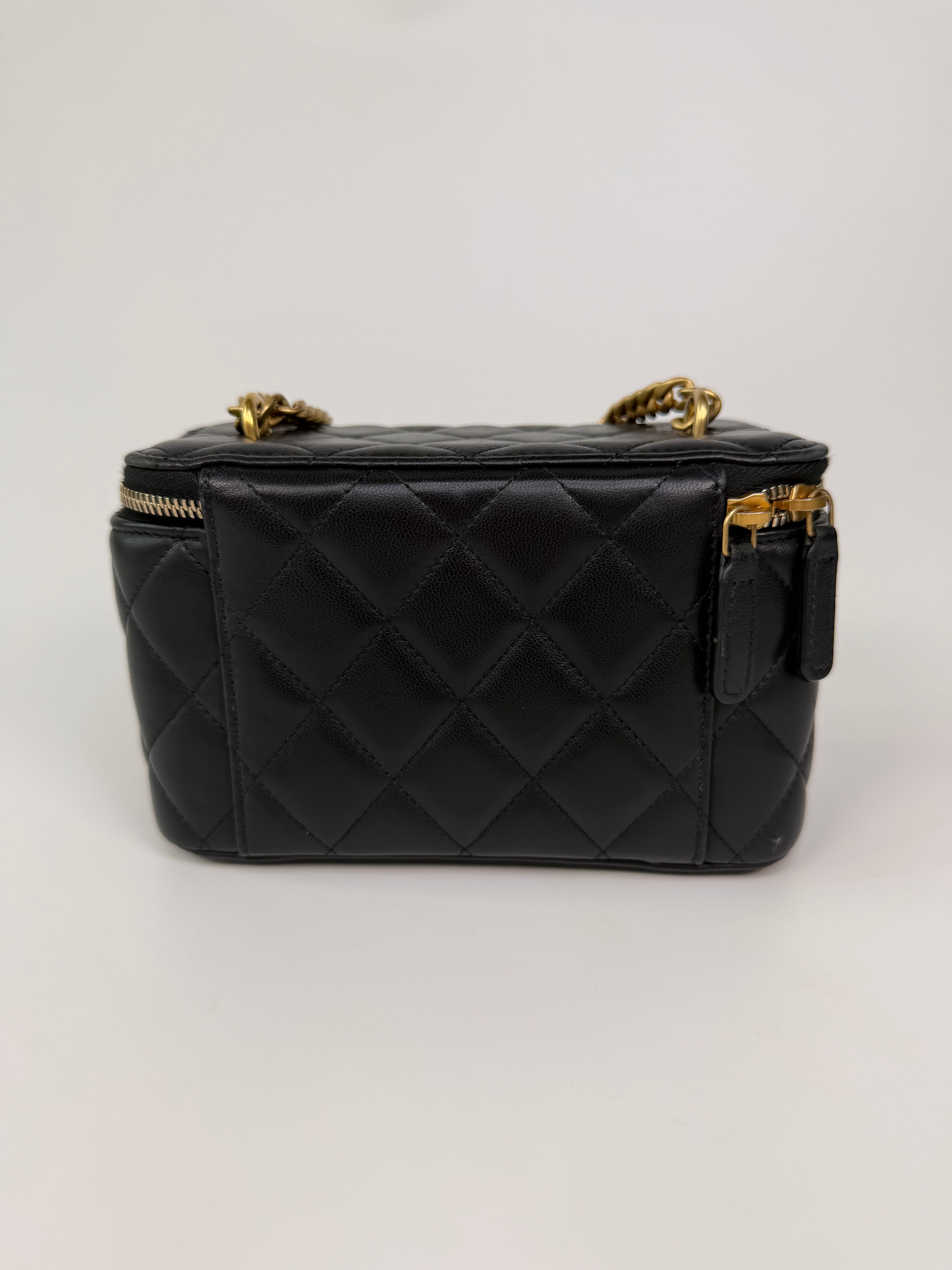 Chanel Quilted Pearl Crush Mini Vanity In Black Lambskin Leather With Gold Hardware
