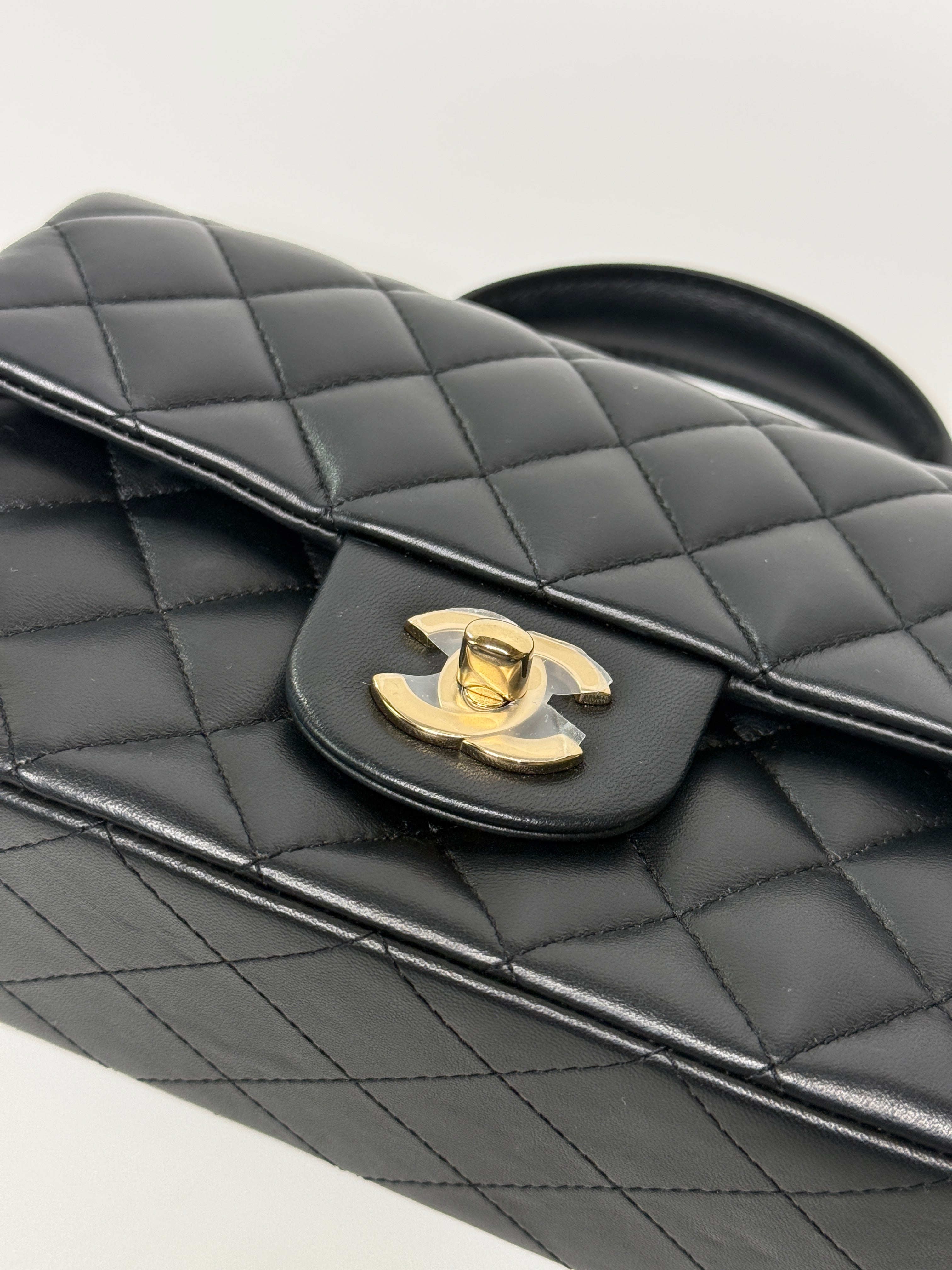 Chanel Mini Rectangle Top Handle Flap Bag In Black Lambskin With Pale Gold Hardware