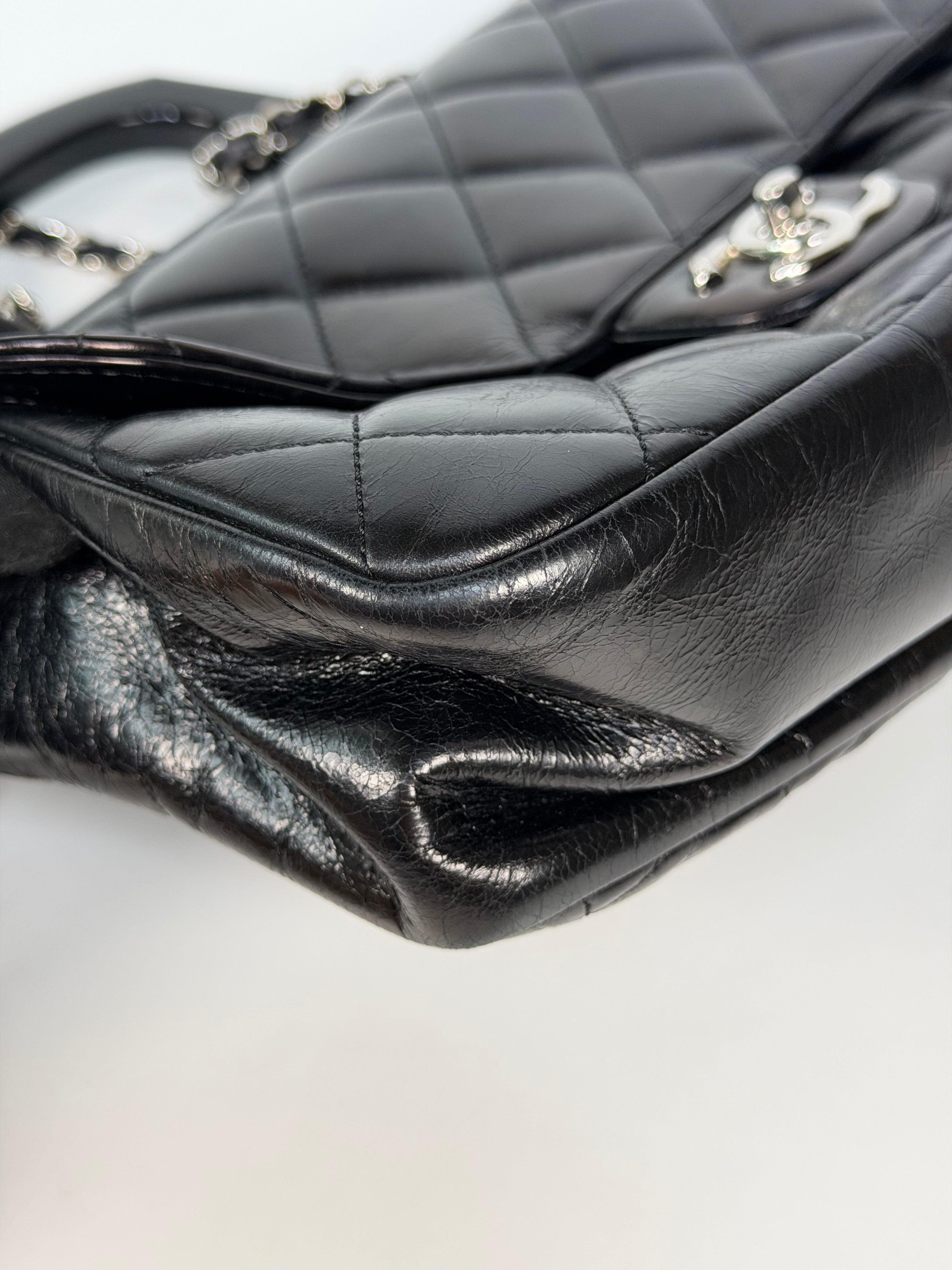 Chanel Delivery Top Handle Flap Bag In Black Calfskin Leather With Silver Hardware