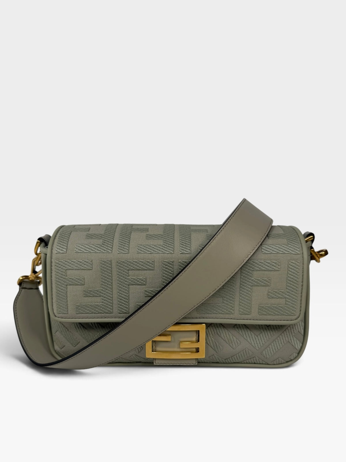 Fendi Baguette In Green Tea FF Monogram Fabric and Canvas With Gold Hardware. 100% authentic and preloved in excellent condition