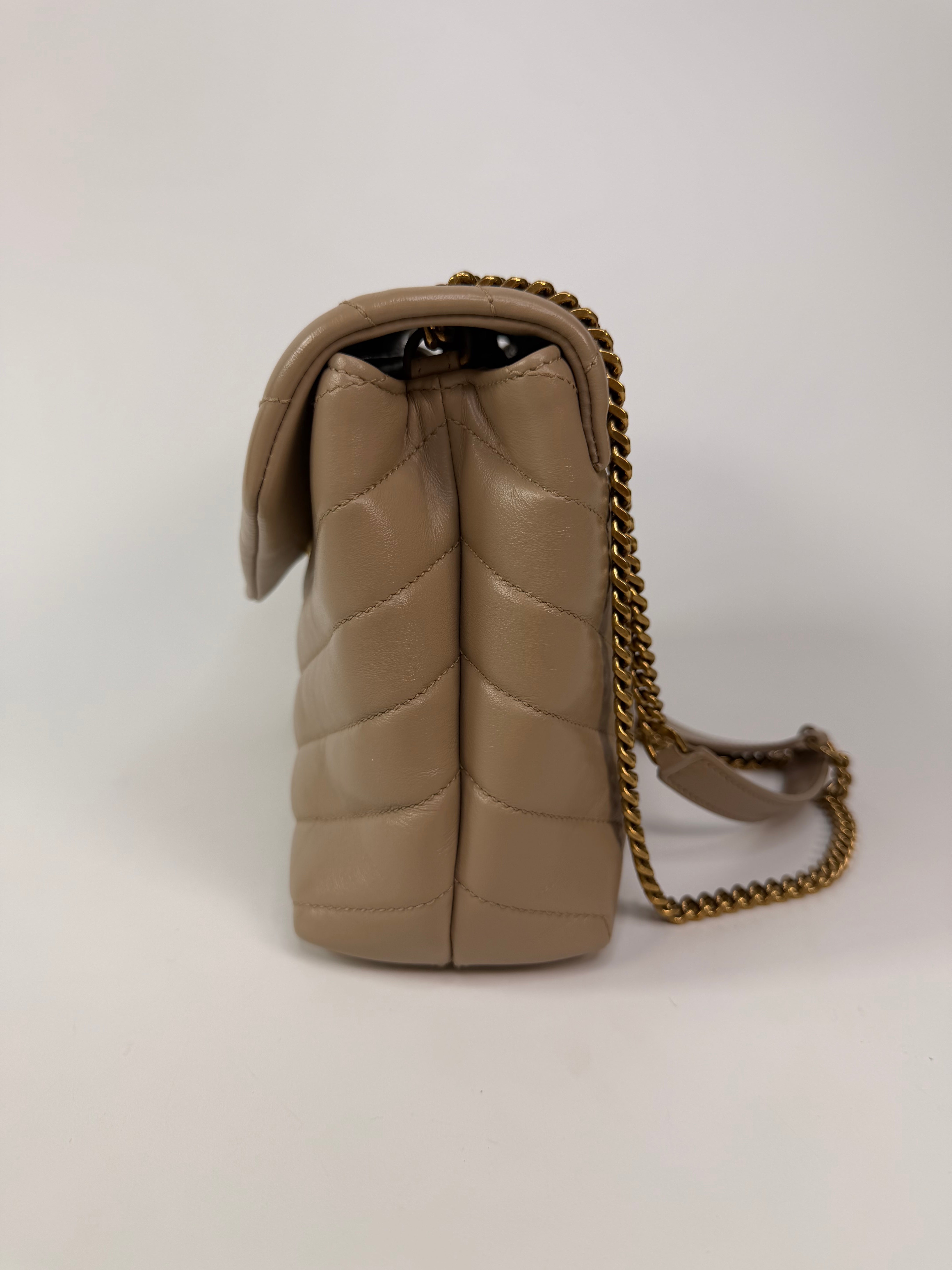 Saint Laurent Small Loulou In Dark Beige Leather With Gold Hardware. 100% authentic and preloved in excellent condition