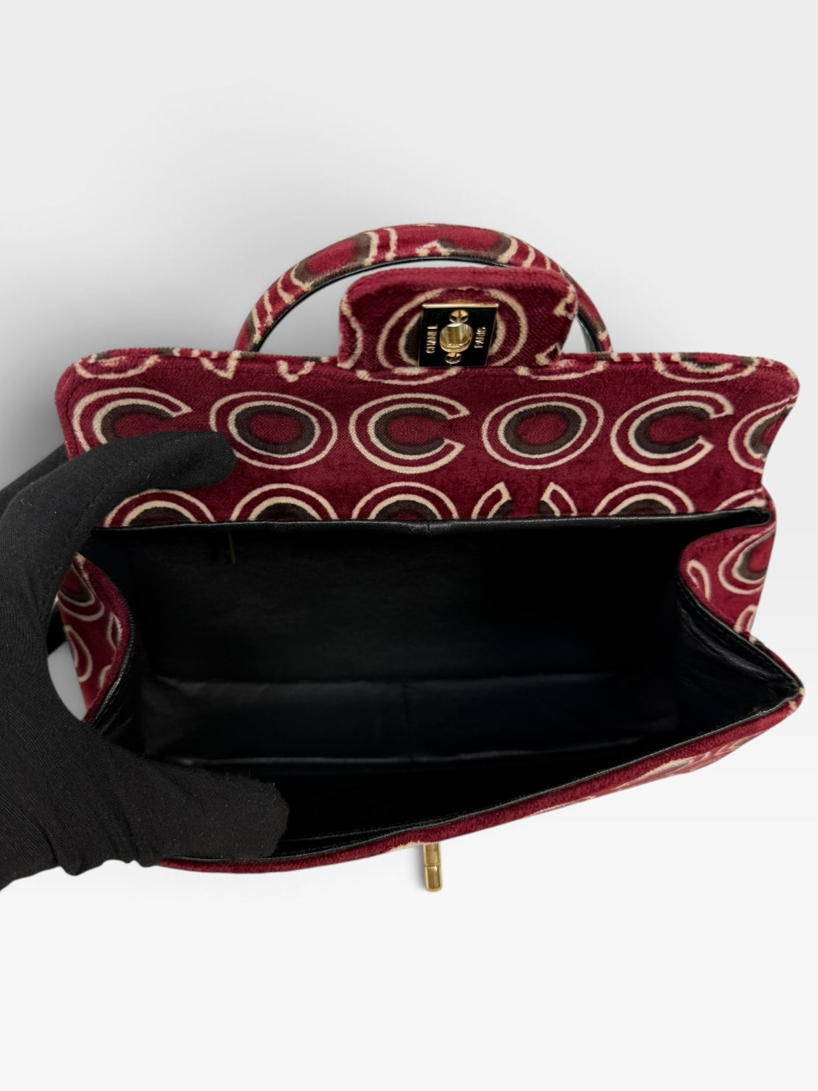 Chanel Coco Print Velvet Top Handle Flap In Burgundy With Gold Hardware