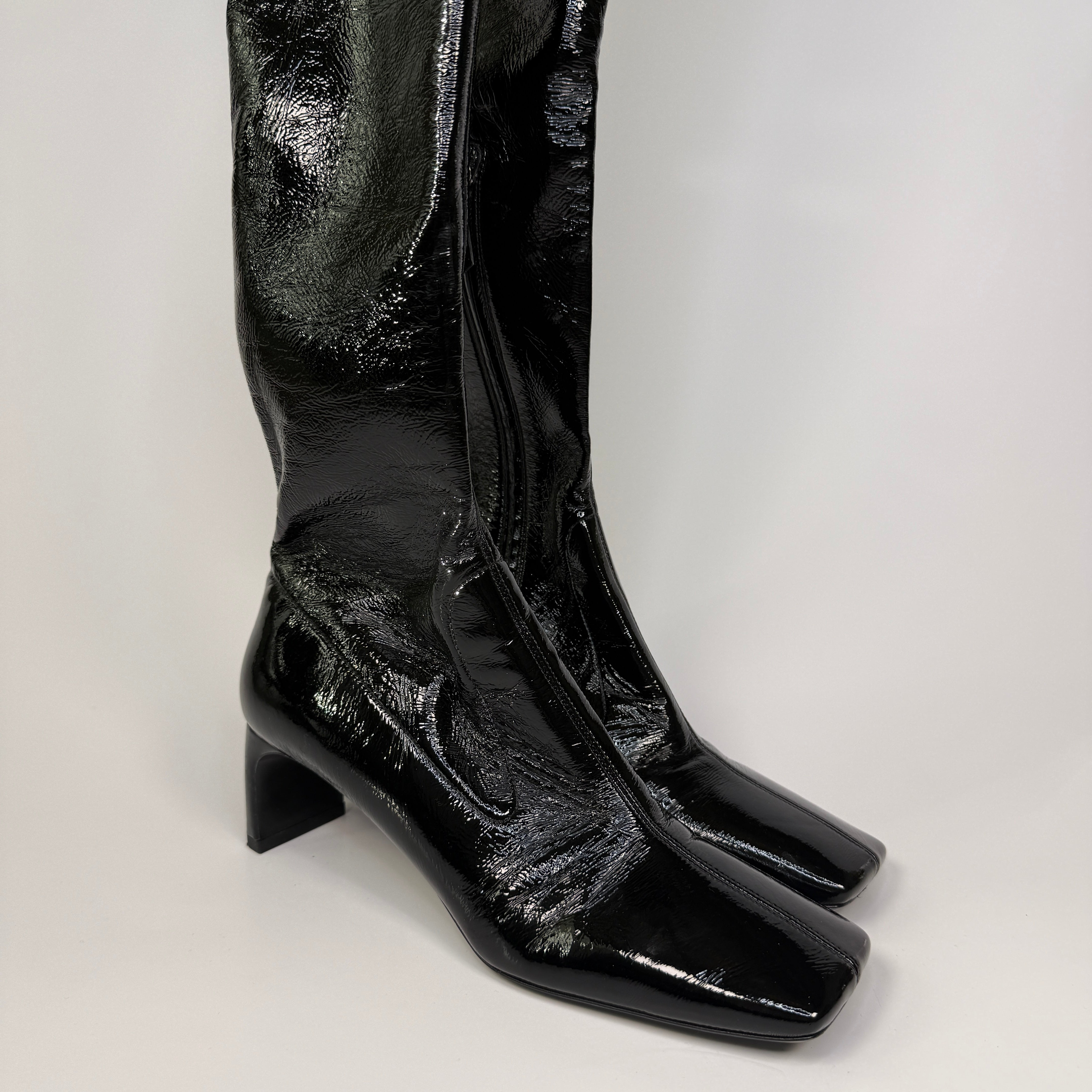 Prada Square-Toe Black Patent Leather Over-The-Knee Boots (Size 39/UK6) Authentic and preloved. Excellent Condition.