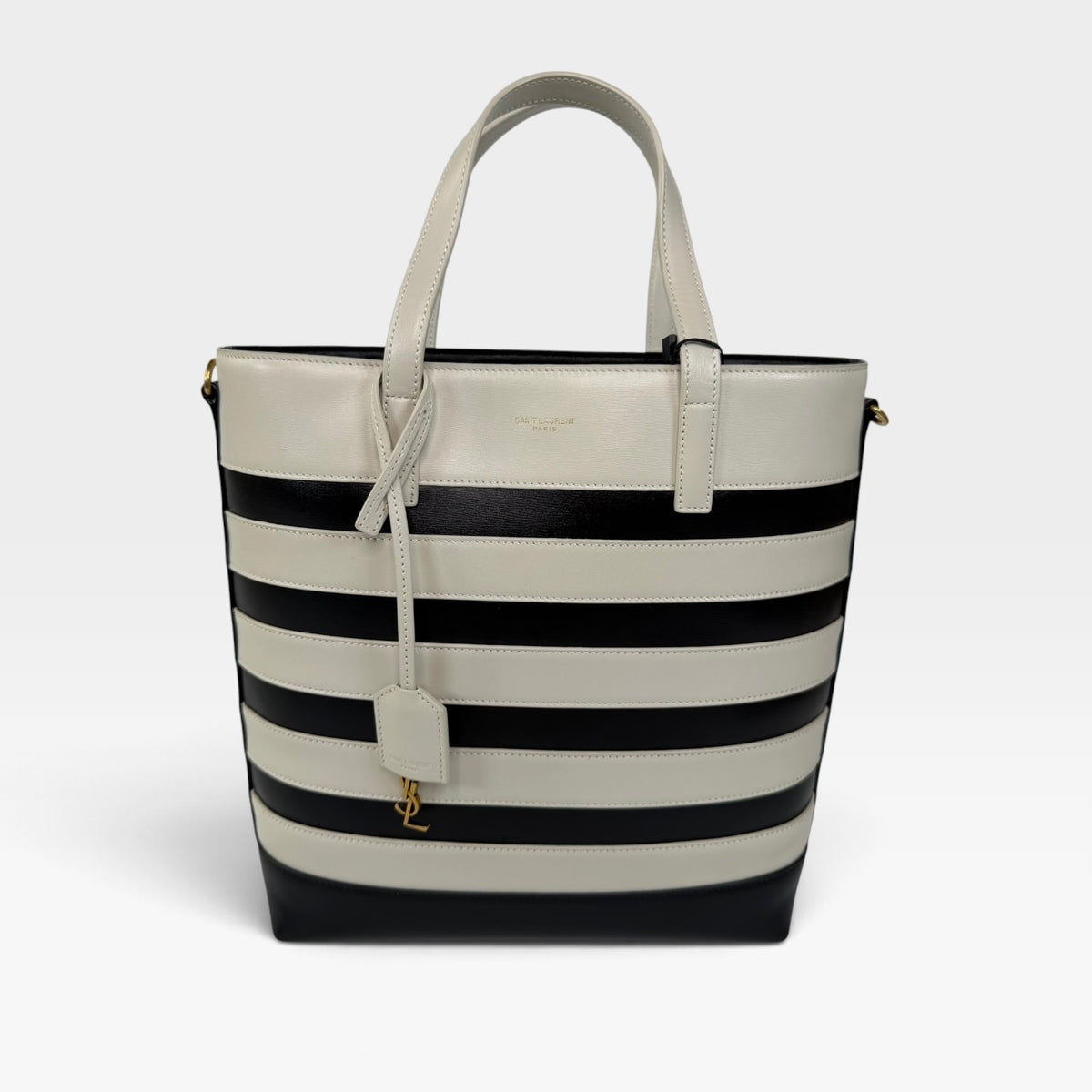 Saint Laurent Striped Tote In Black & White Leather With Gold Hardware 100% authentic and preloved in excellent condition