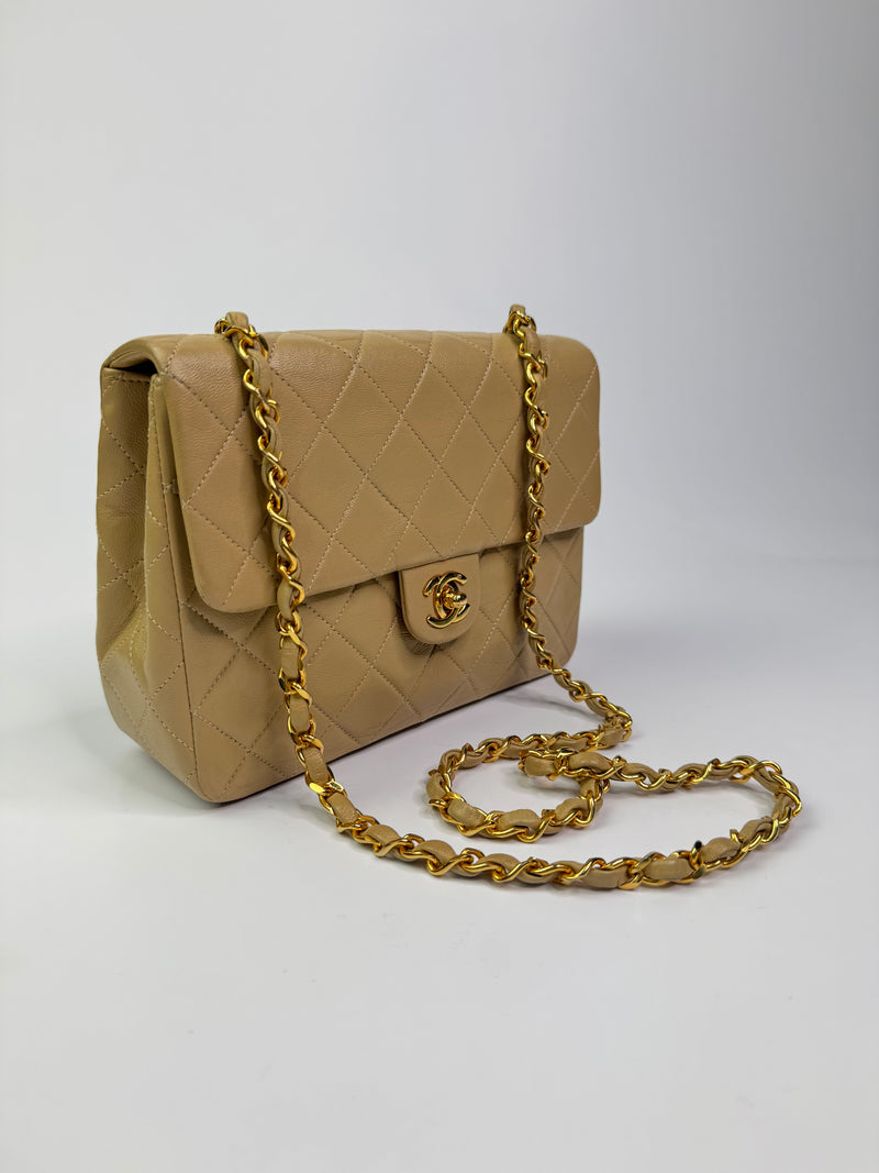 Chanel Vintage Mini Square Flap Bag In Beige Lambskin GHW