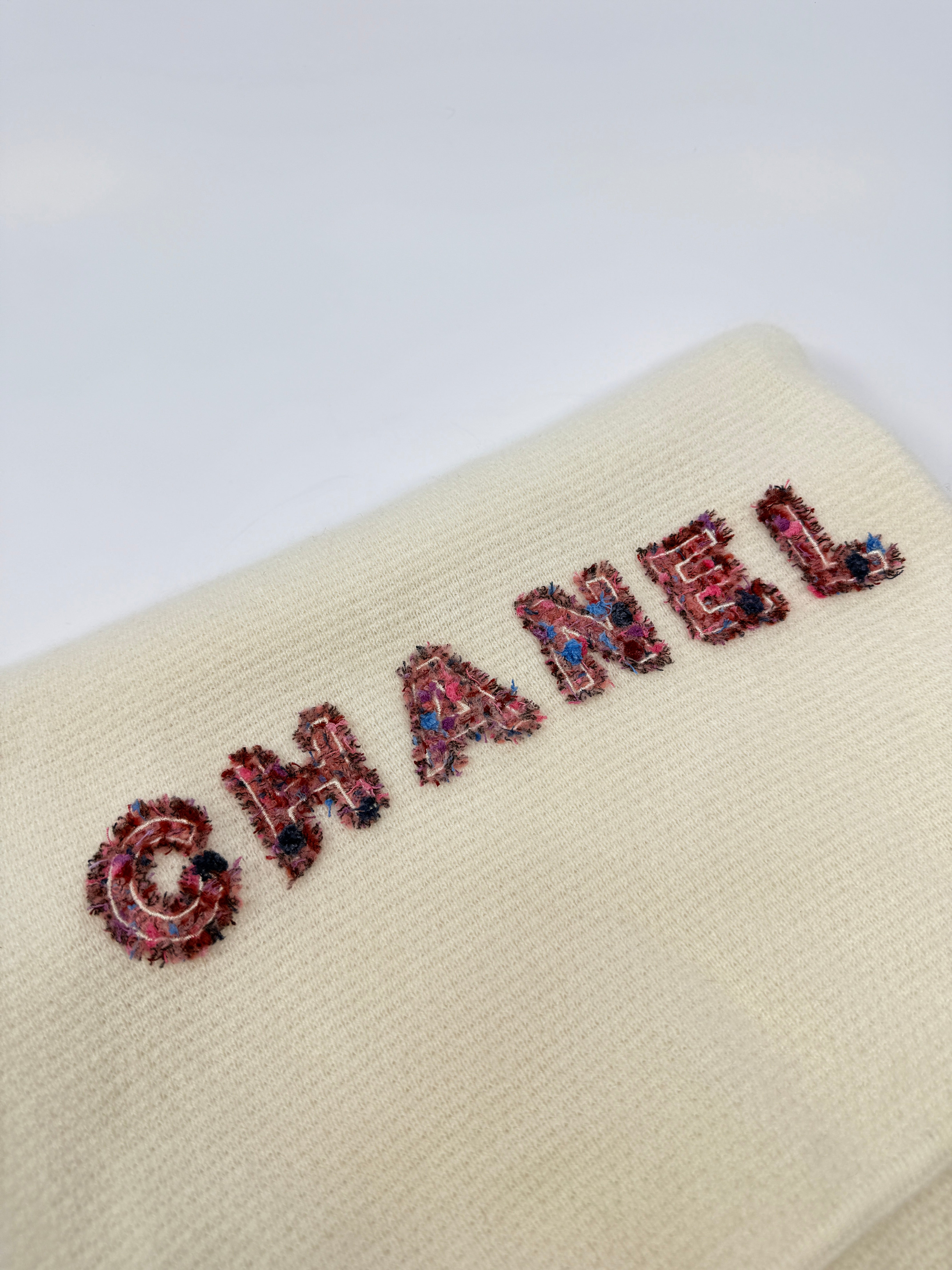 Chanel Cream Knit Logo Scarf With Tweed Detail, authentic and preloved in excellent condition
