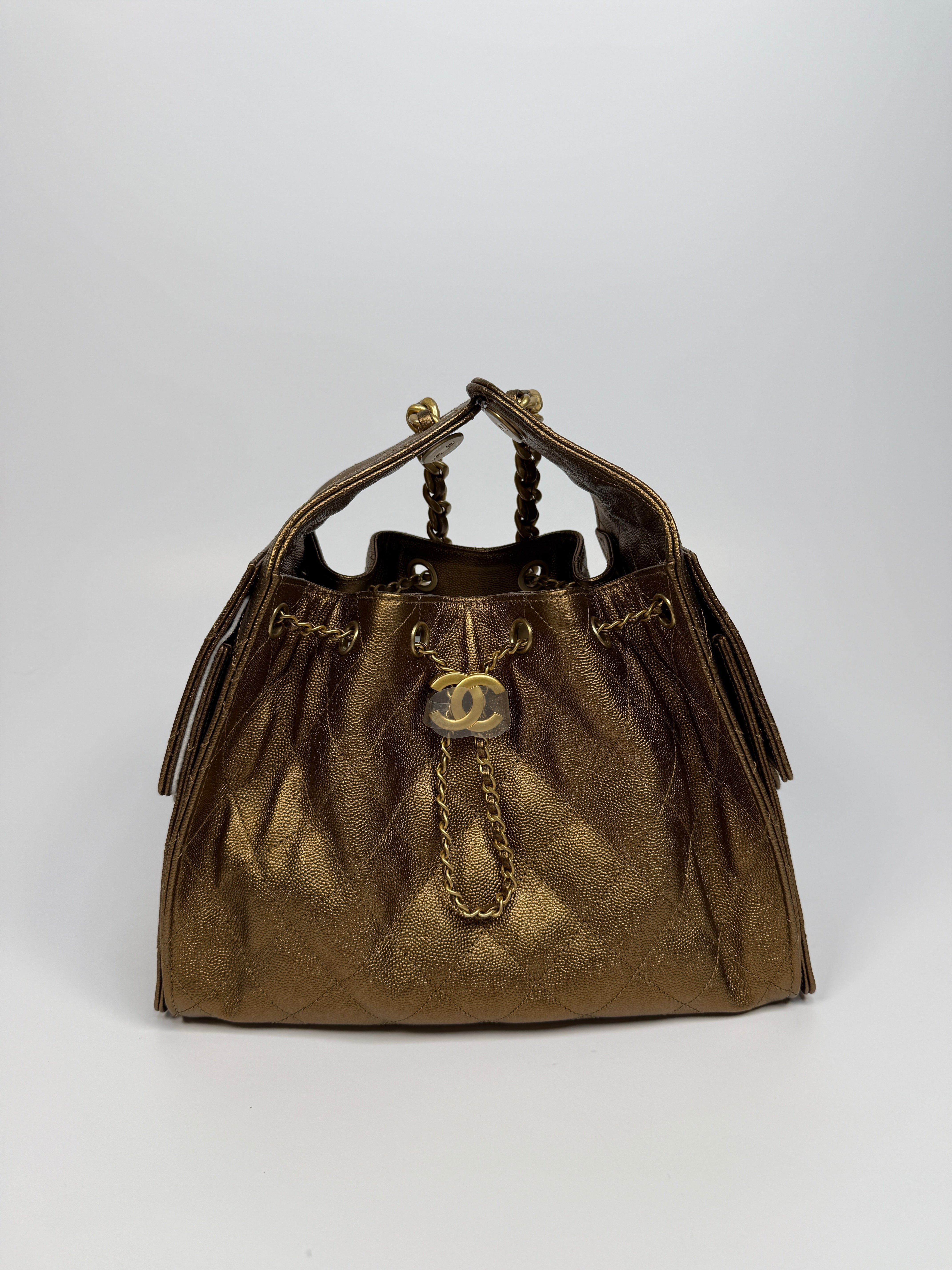 Authentic pre loved Chanel 25 Small In Metallic Bronze Caviar Leather With Gold hardware