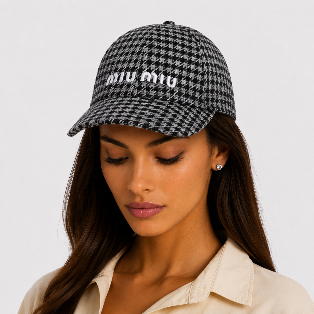 Miu Miu Virgin Wool Houndstooth Logo Embroidery Baseball Cap