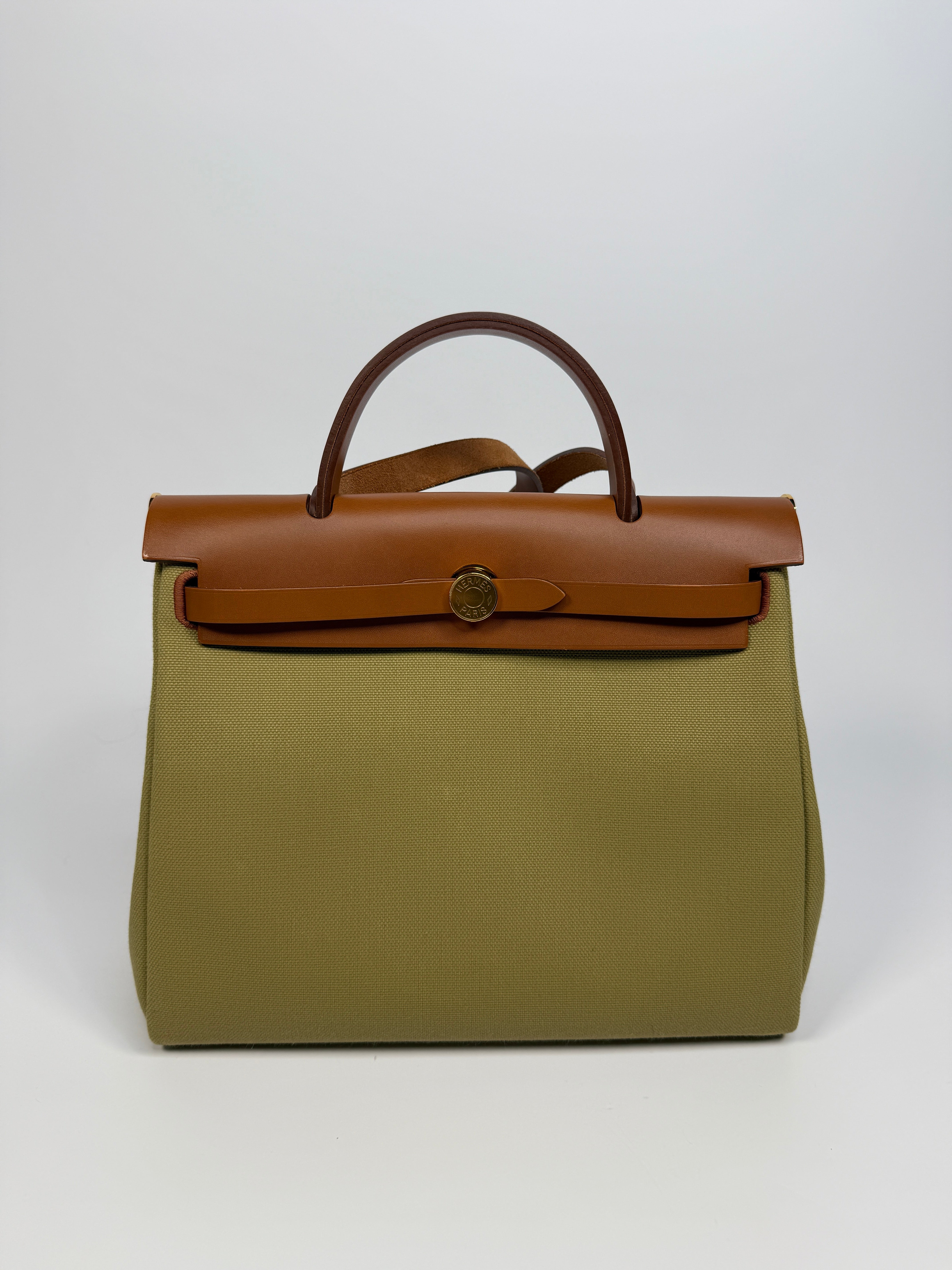 Authentic Pre Loved Hermès Herbag 31 Zip Retourne in Poussière Fauve with Gold Hardware Excellent Condition