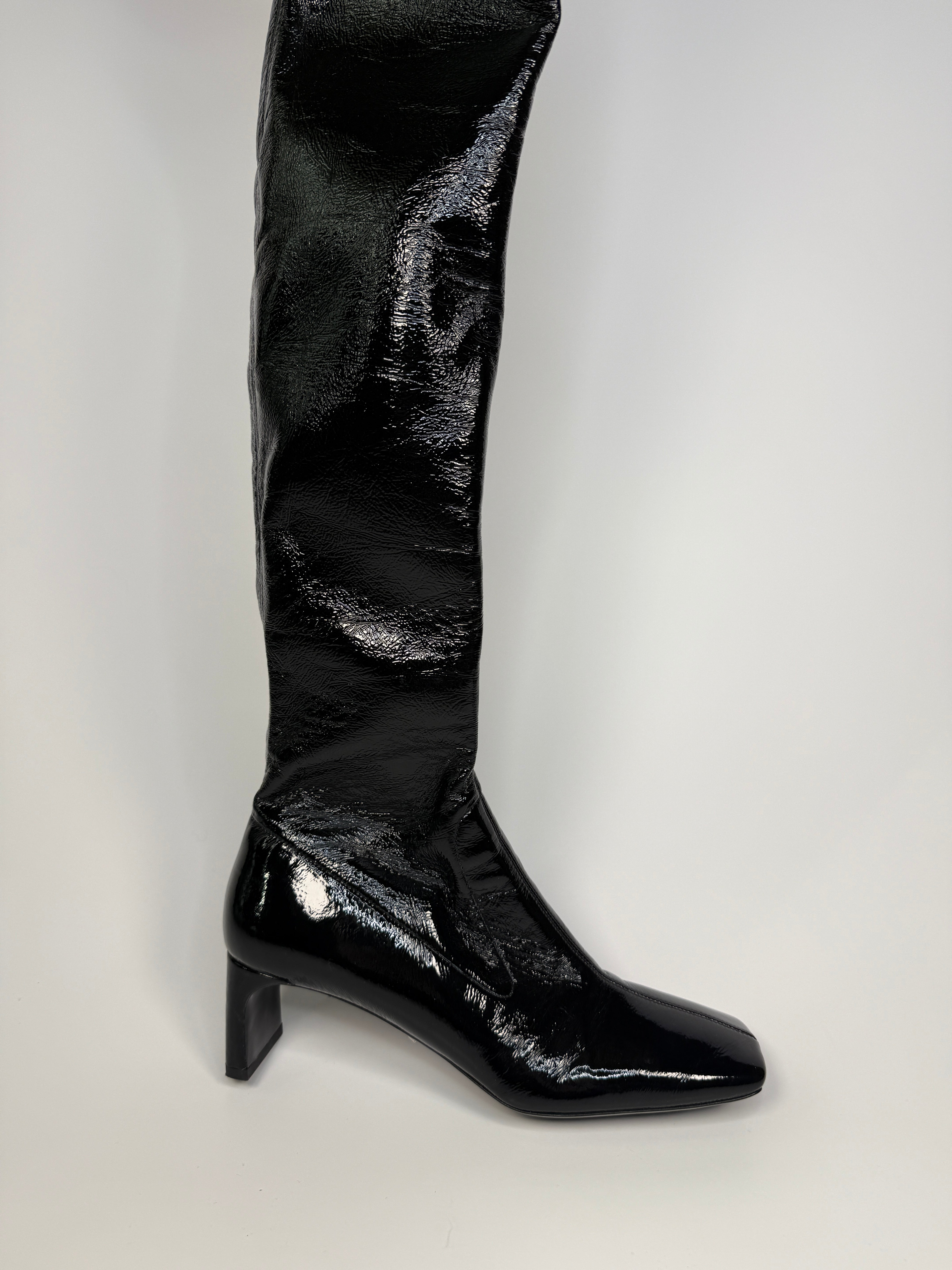 Prada Square-Toe Black Patent Leather Over-The-Knee Boots (Size 39/UK6) Authentic and preloved. Excellent Condition.