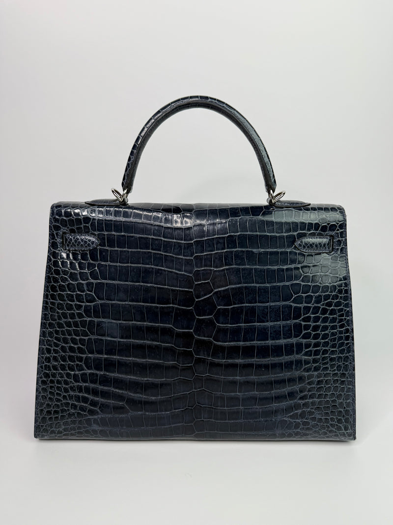 Hermès Kelly 35 In Bleu Crocodile Porosus Lisse With PHW