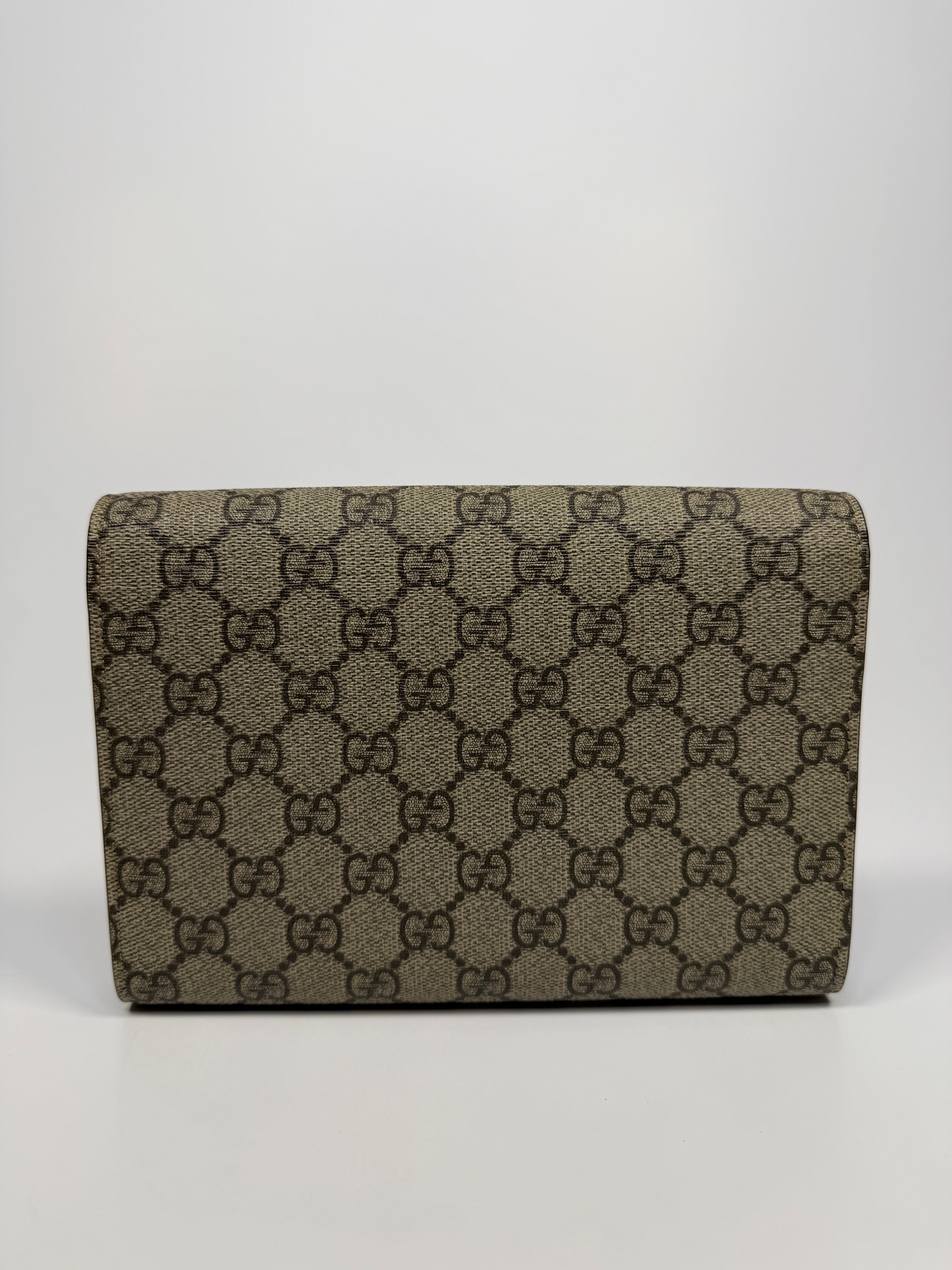 Gucci Dionysus GG Supreme Dionysus Canvas Wallet-on-Chain In Beige Supreme. Silver Hardware. Authentic and preloved in excellent condition.