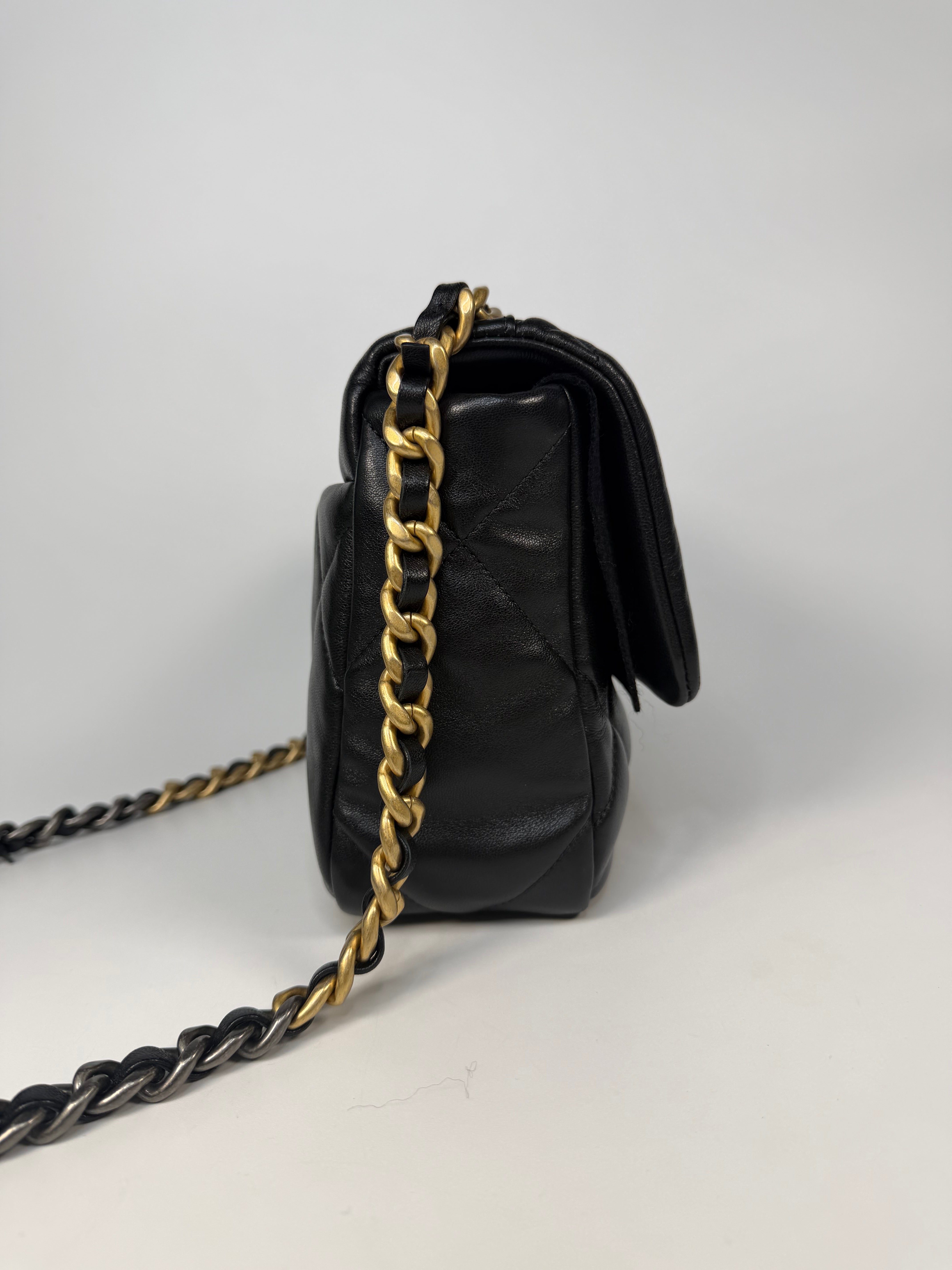 Chanel 19 Small In Black & White Leather With Mixed Hardware. Authentic and preloved in very good condition. Verified by Luxe Cheshire.