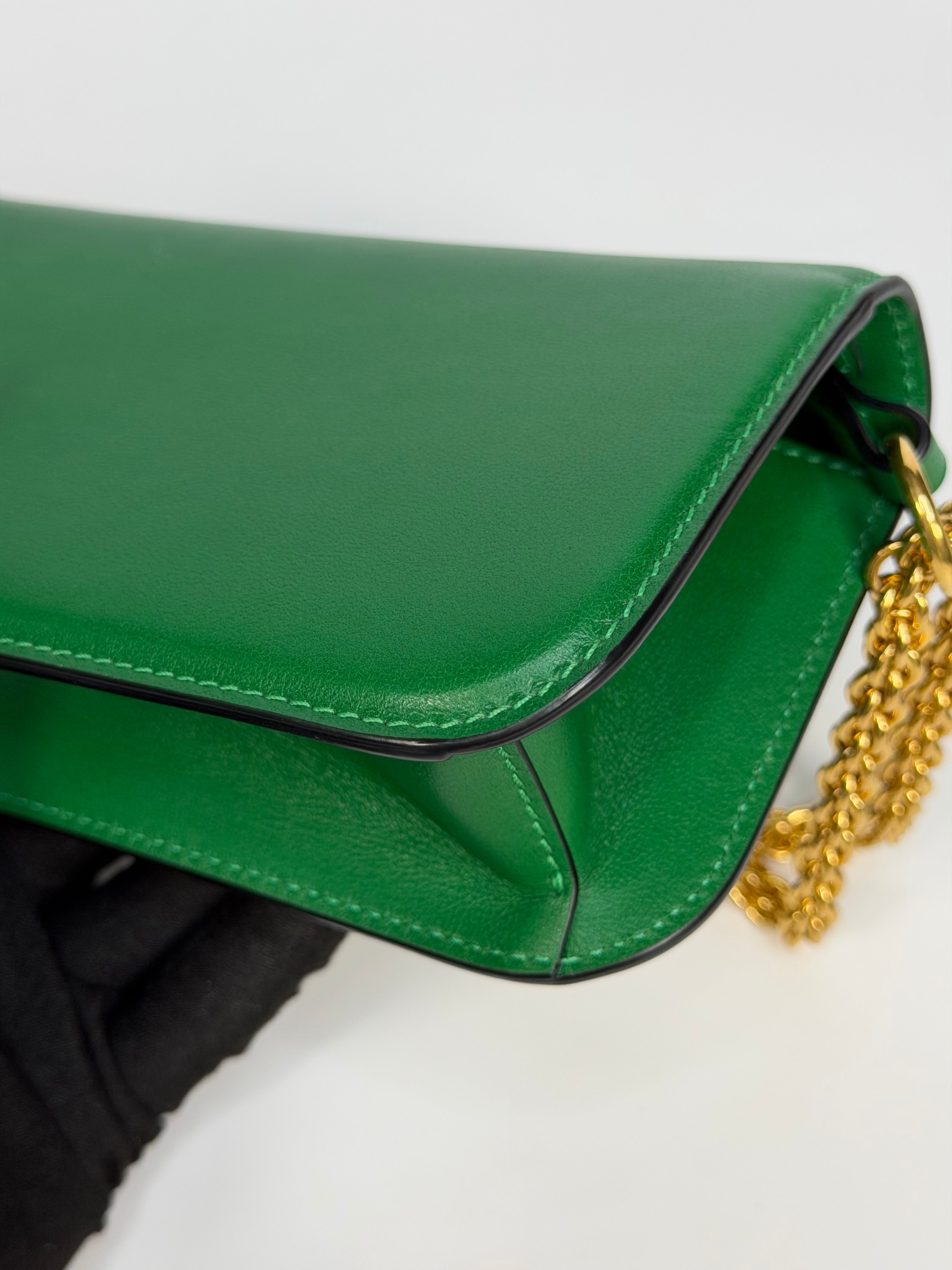 Valentino Garavani Locò Small Shoulder Bag In Green Leather With Gold Hardware. Authentic and preloved in excellent condition