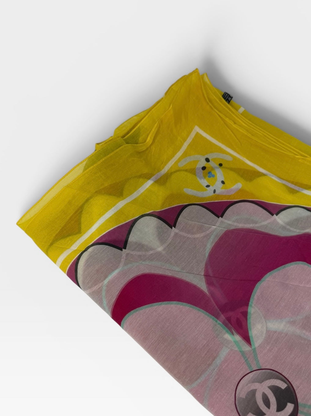 Chanel CC Floral Logo Shawl In Yellow Multicolour. 100% authentic and preloved in excellent condition