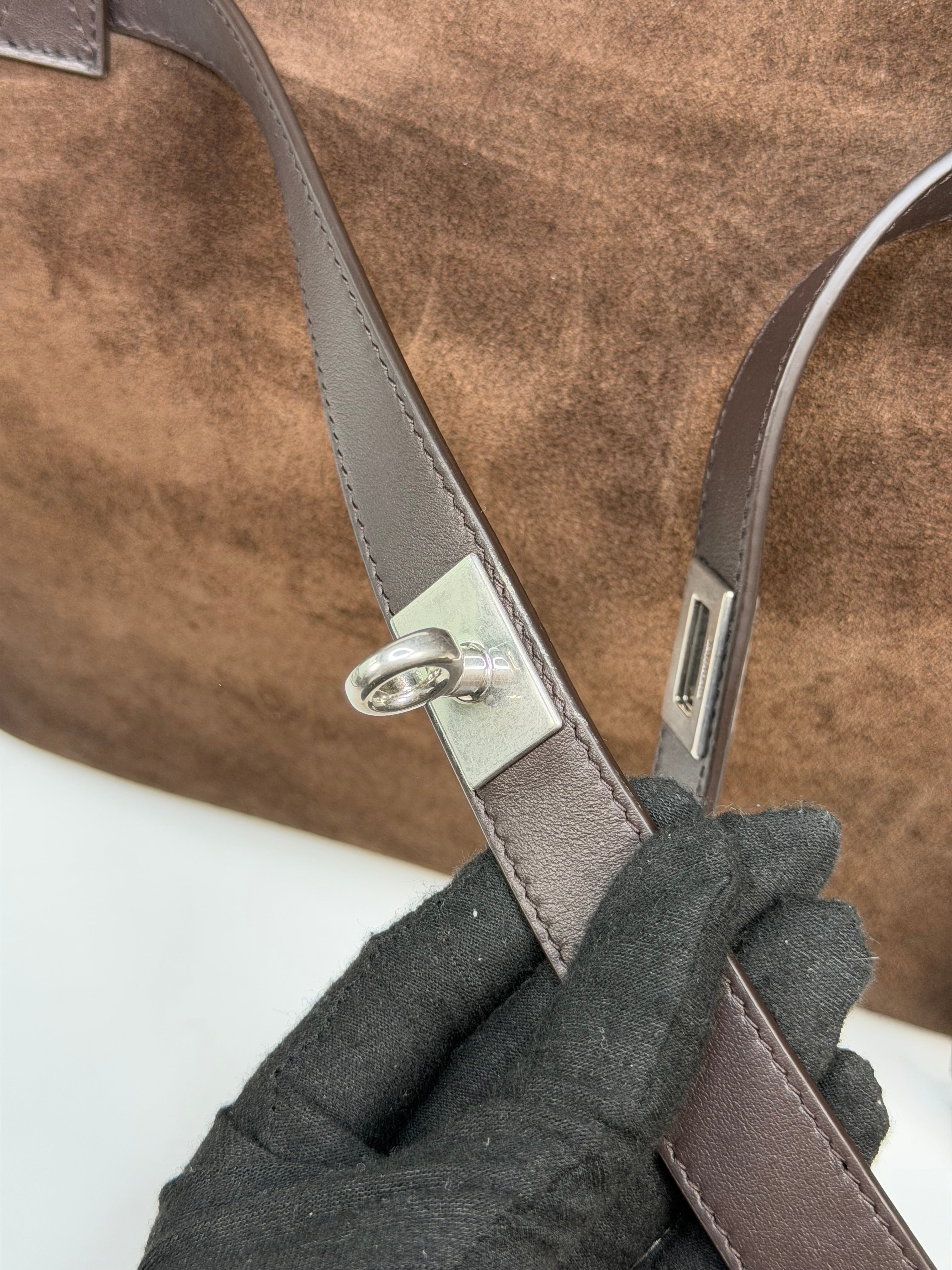 Balenciaga Bel Air Tote In Light Espresso Suede Calfskin With Silver Hardware. Authentic and preloved in excellent condition