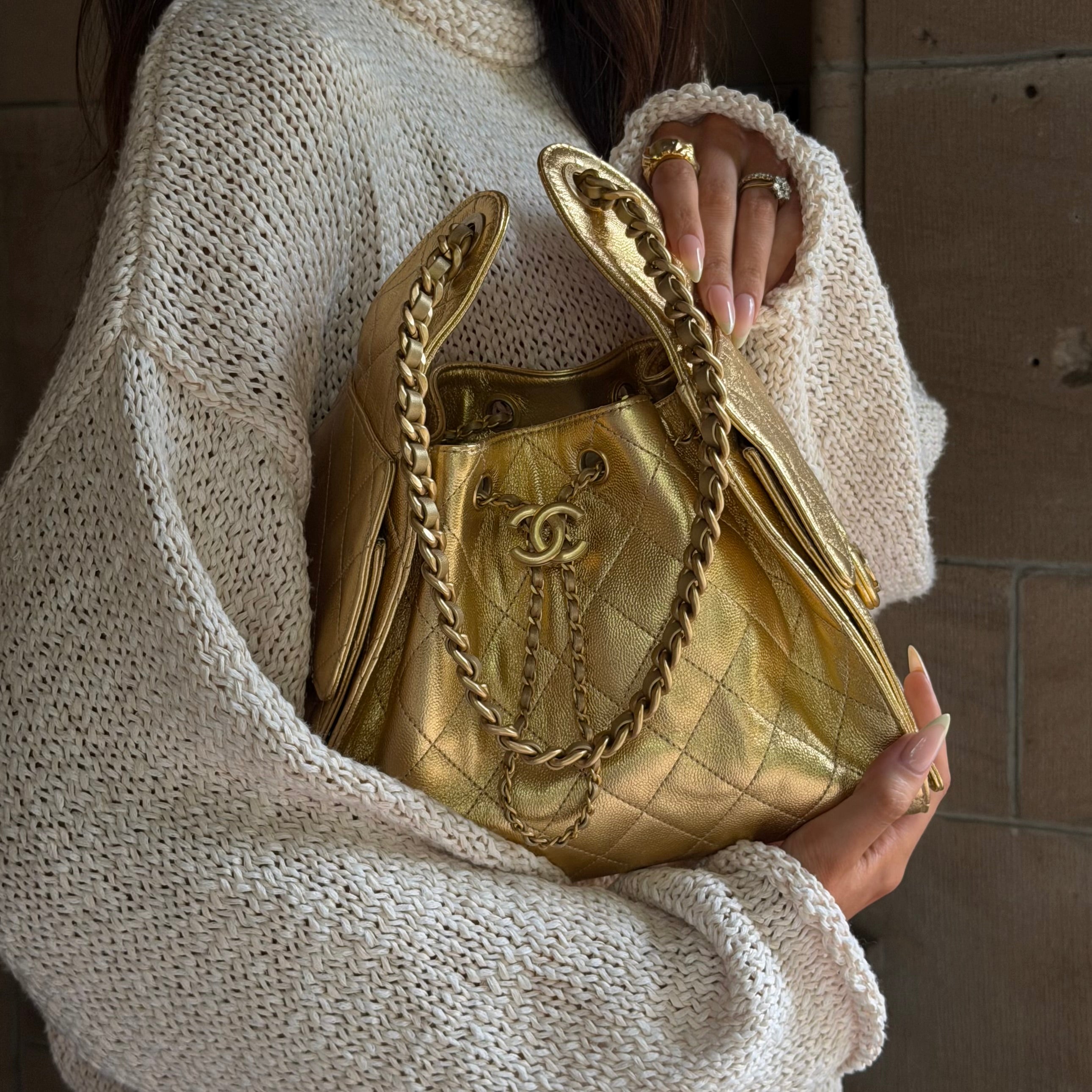 Chanel 25 Small In Gold Grained Calfskin With Gold Hardware