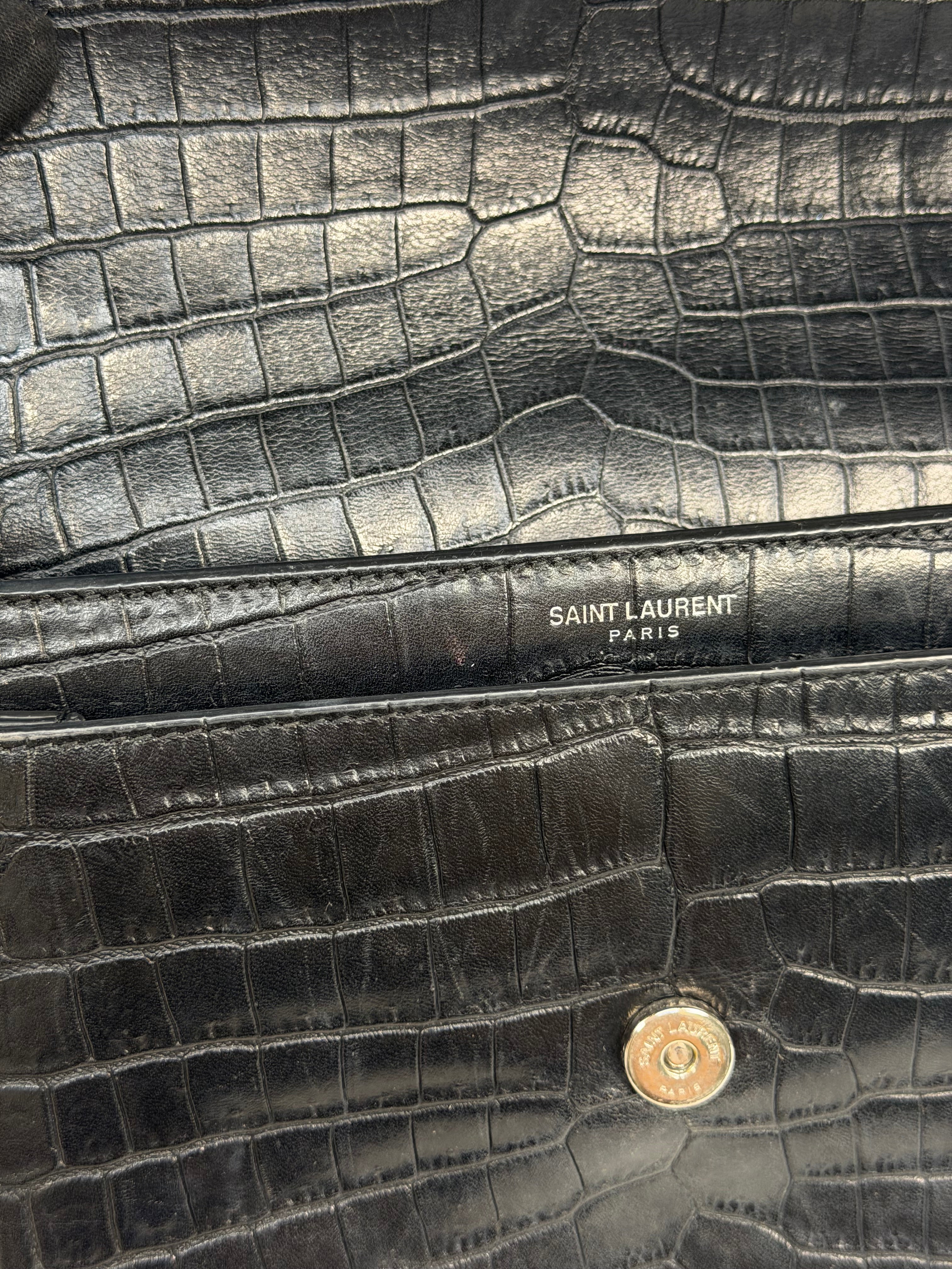 Saint Laurent Sunset Bag In Noir Croc Embossed Leather Silver Hardware. 100% authentic and preloved in very good condition.