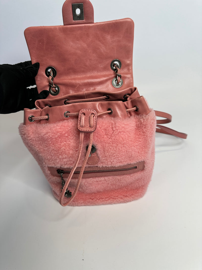 Chanel Glazed Calfskin Shearling Quilted Small Mountain Backpack Pink