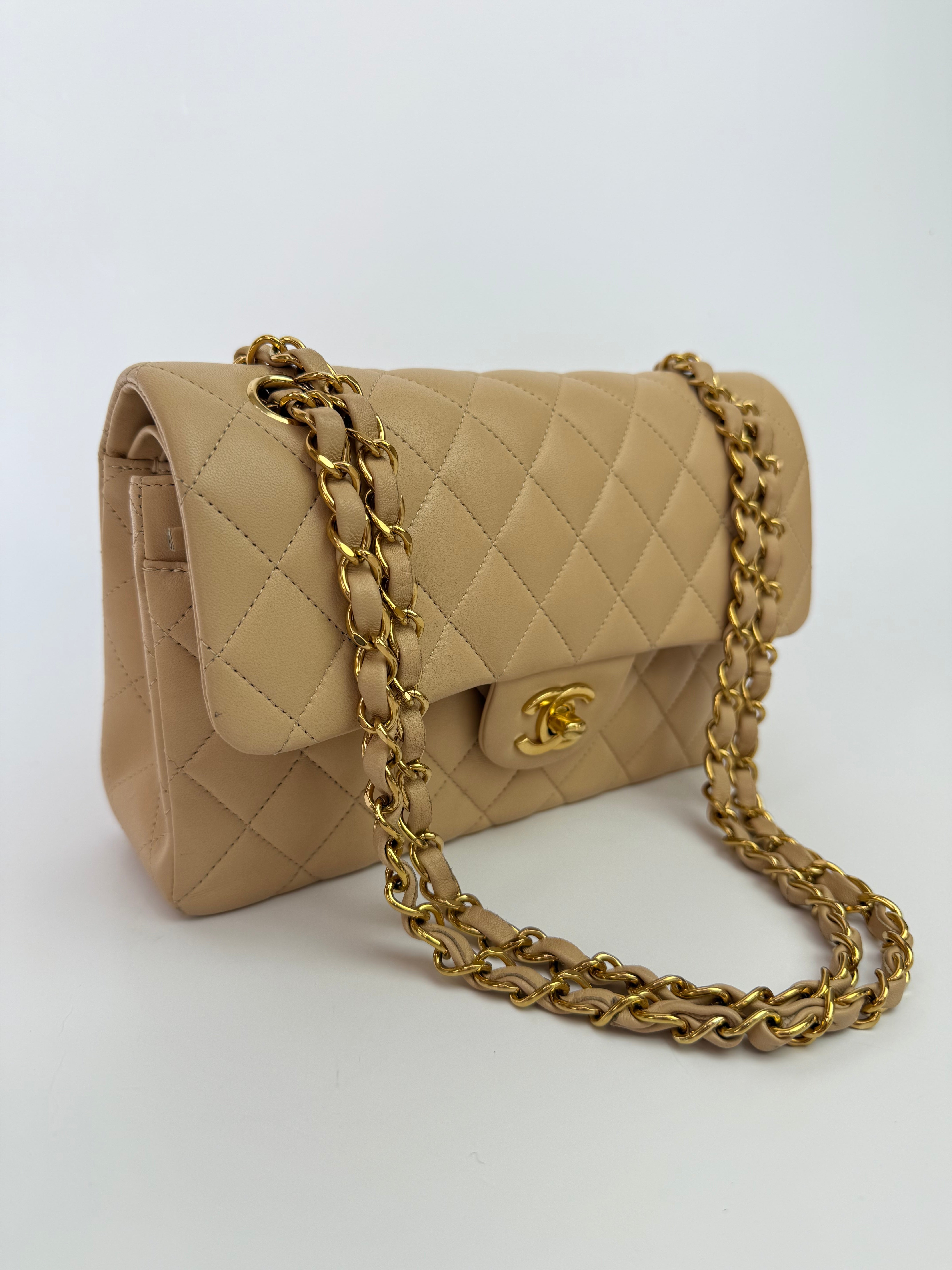 Chanel Small Classic Double Flap In Beige Lambskin With GHW