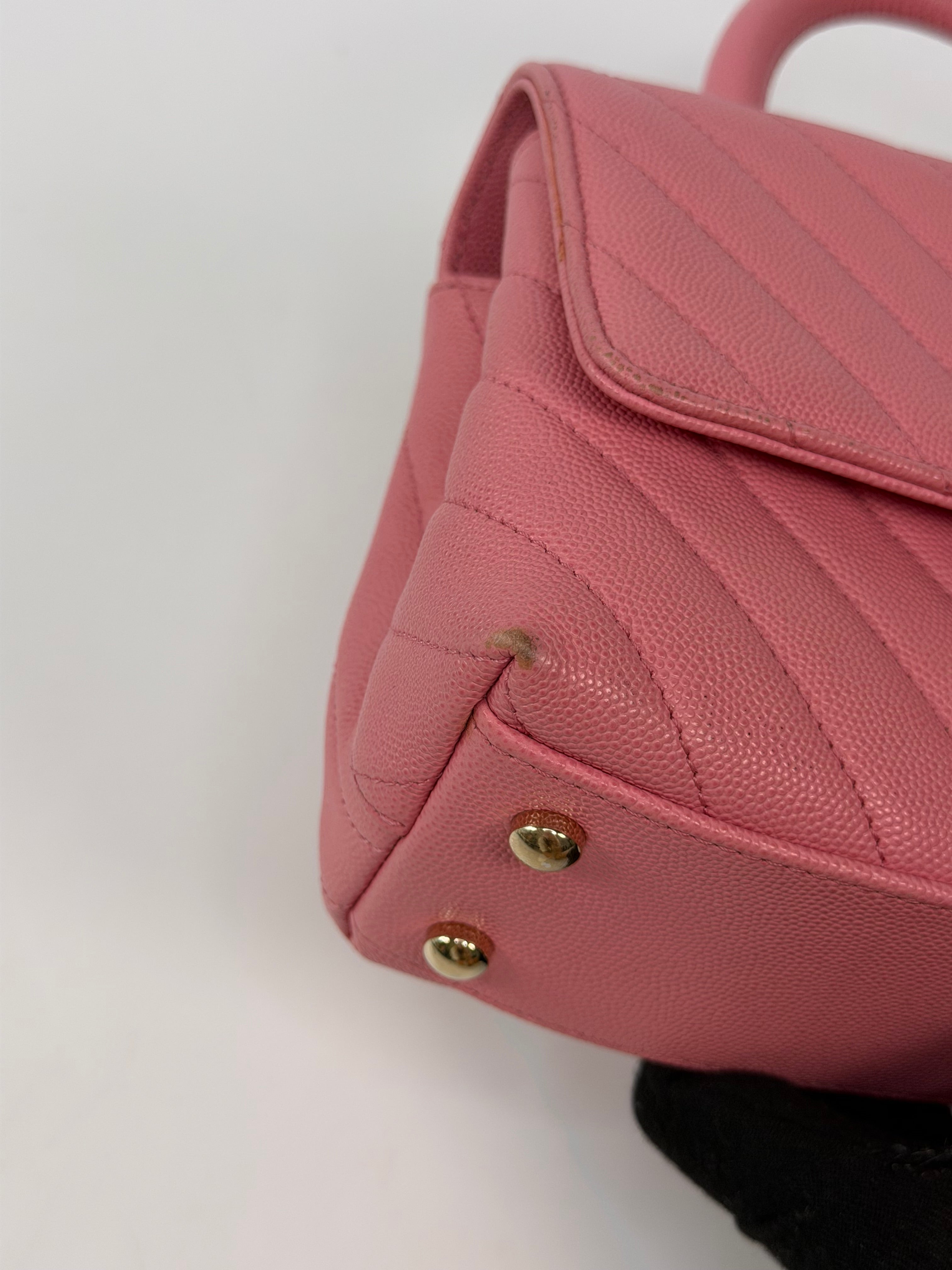 Chanel Small Chevron Coco Top Handle In Pink Caviar With Gold Hardware. 100% authentic and preloved in very good condition.