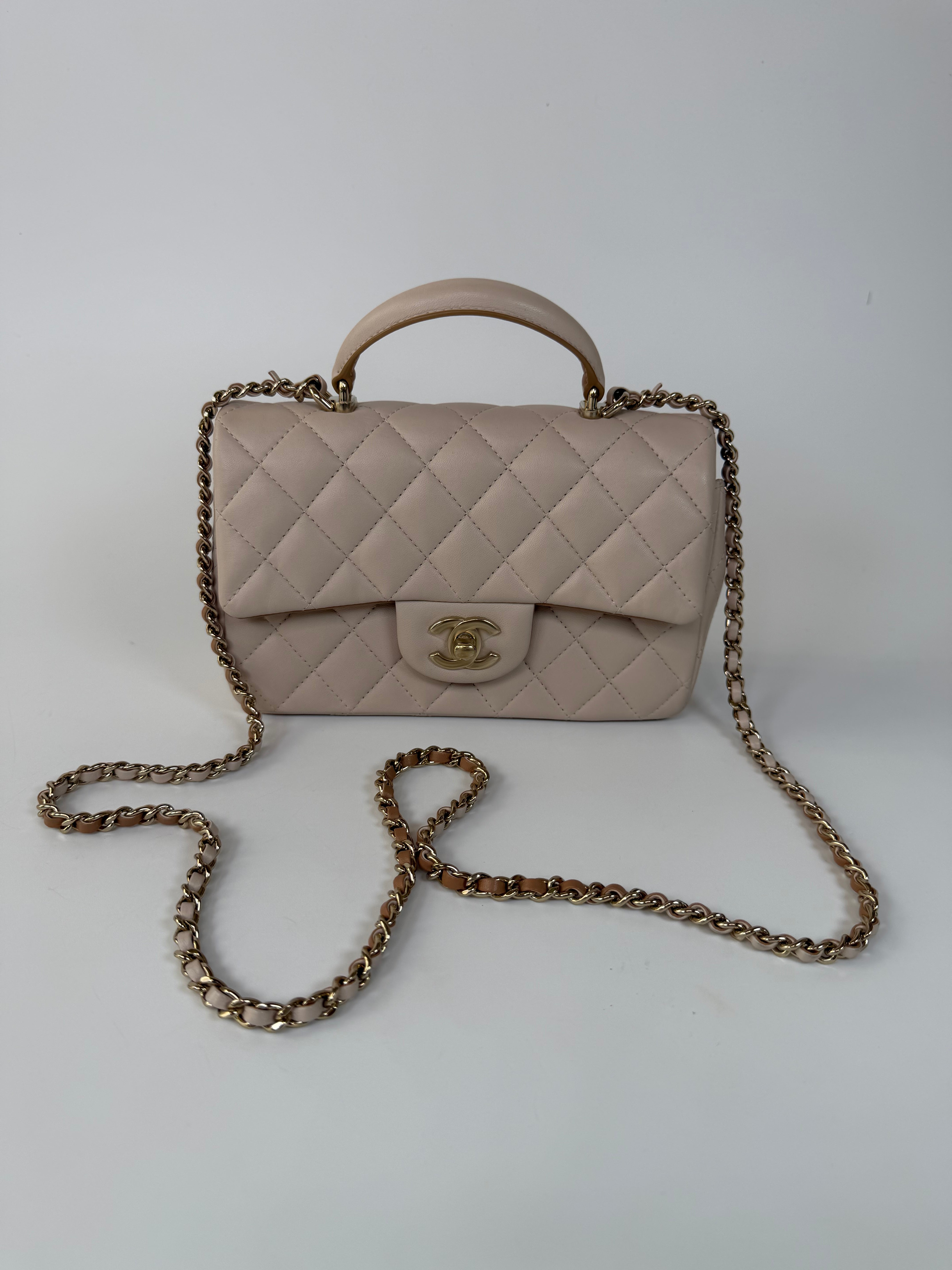 Chanel Mini Rectangle Top Handle Light Beige Lambskin Pale Gold Hardware in excellent condition 100% authentic and preloved