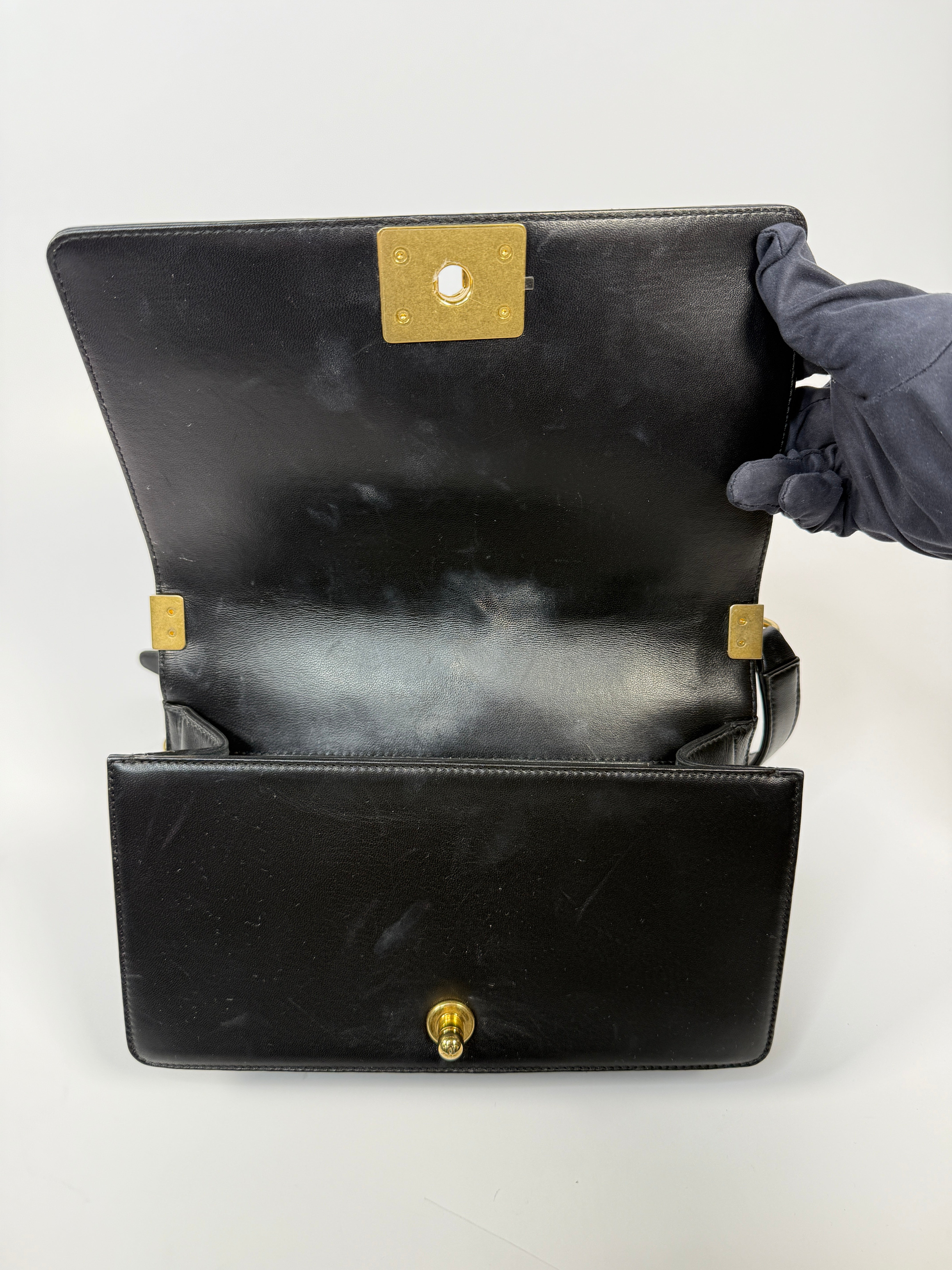 Chanel Black Chevron Fabric & Lambskin Leather Medium Boy Bag With Gold Hardware. Very Good Condition. Authentic and preloved. 