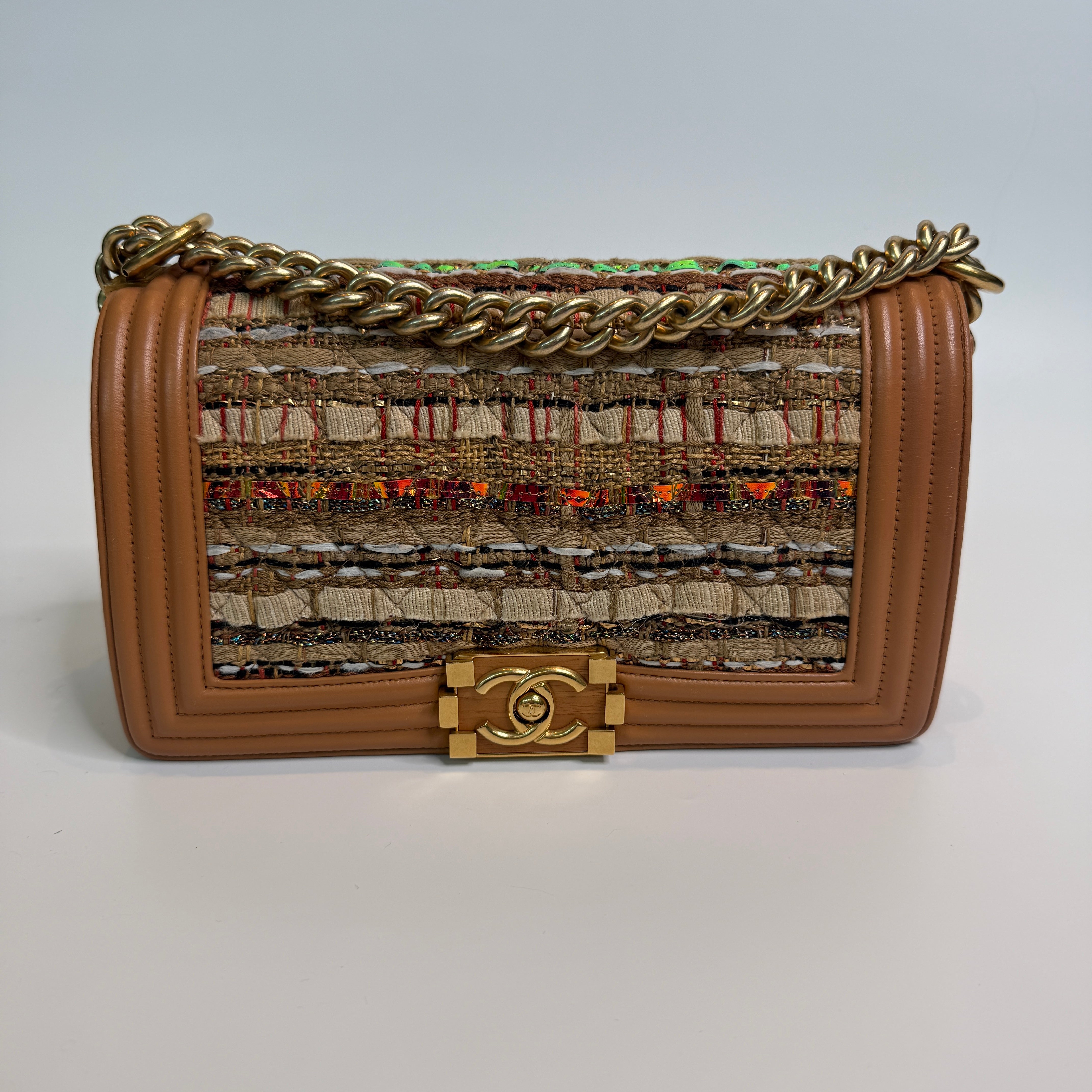 Authentic Pre Loved Chanel Boy Bag Medium In Tan Lambskin & Woven Tweed With gold hardware