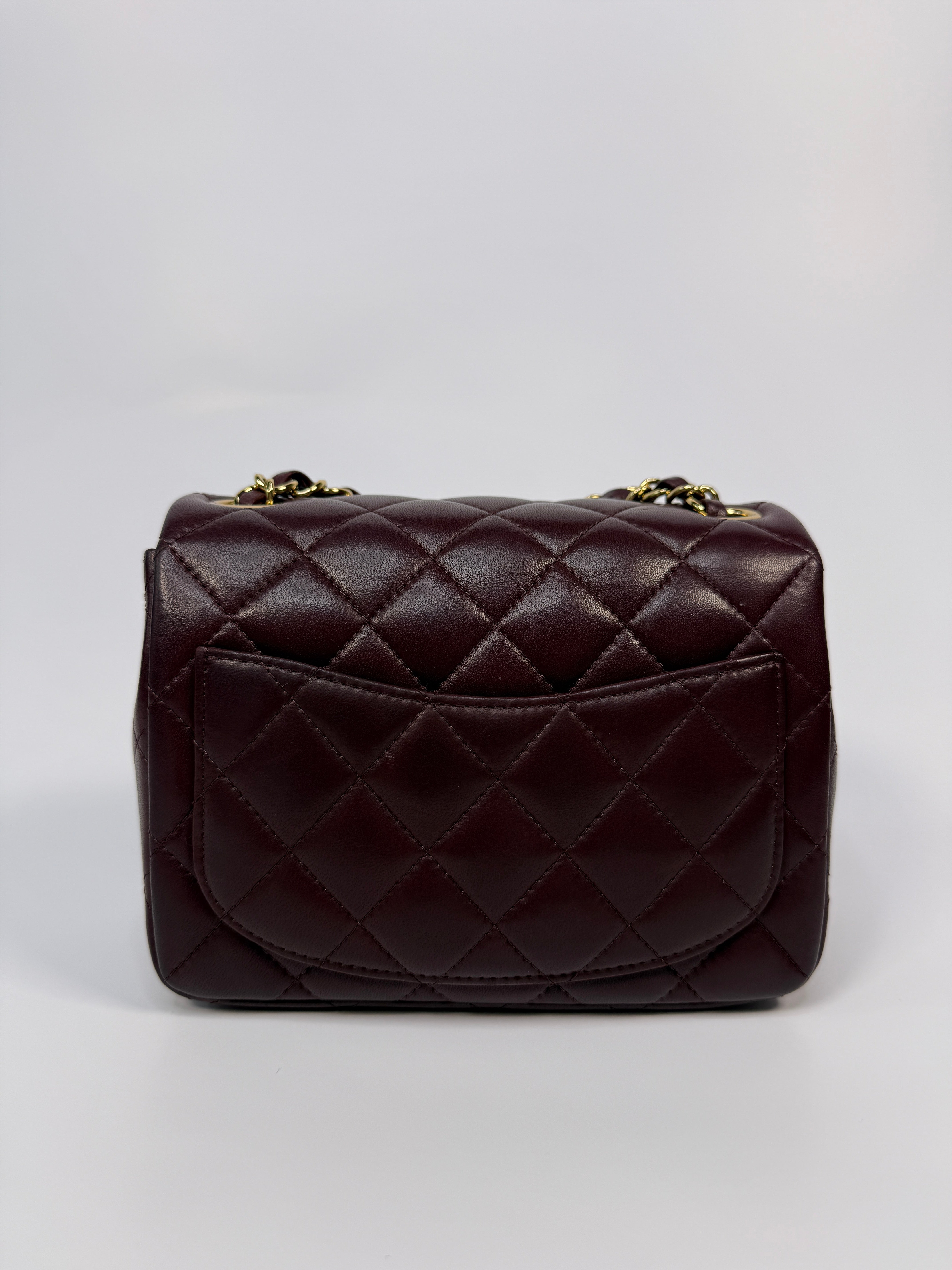 Chanel Mini Square In Burgundy Lambskin Leather With GHW