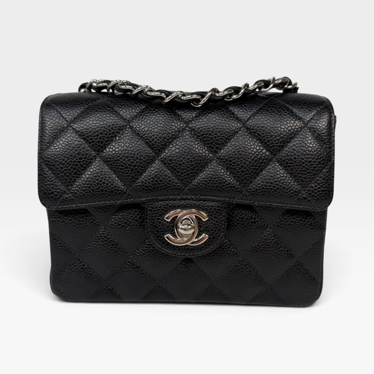 Chanel Vintage Mini Square Flap In Black Caviar Leather With Silver Hardware