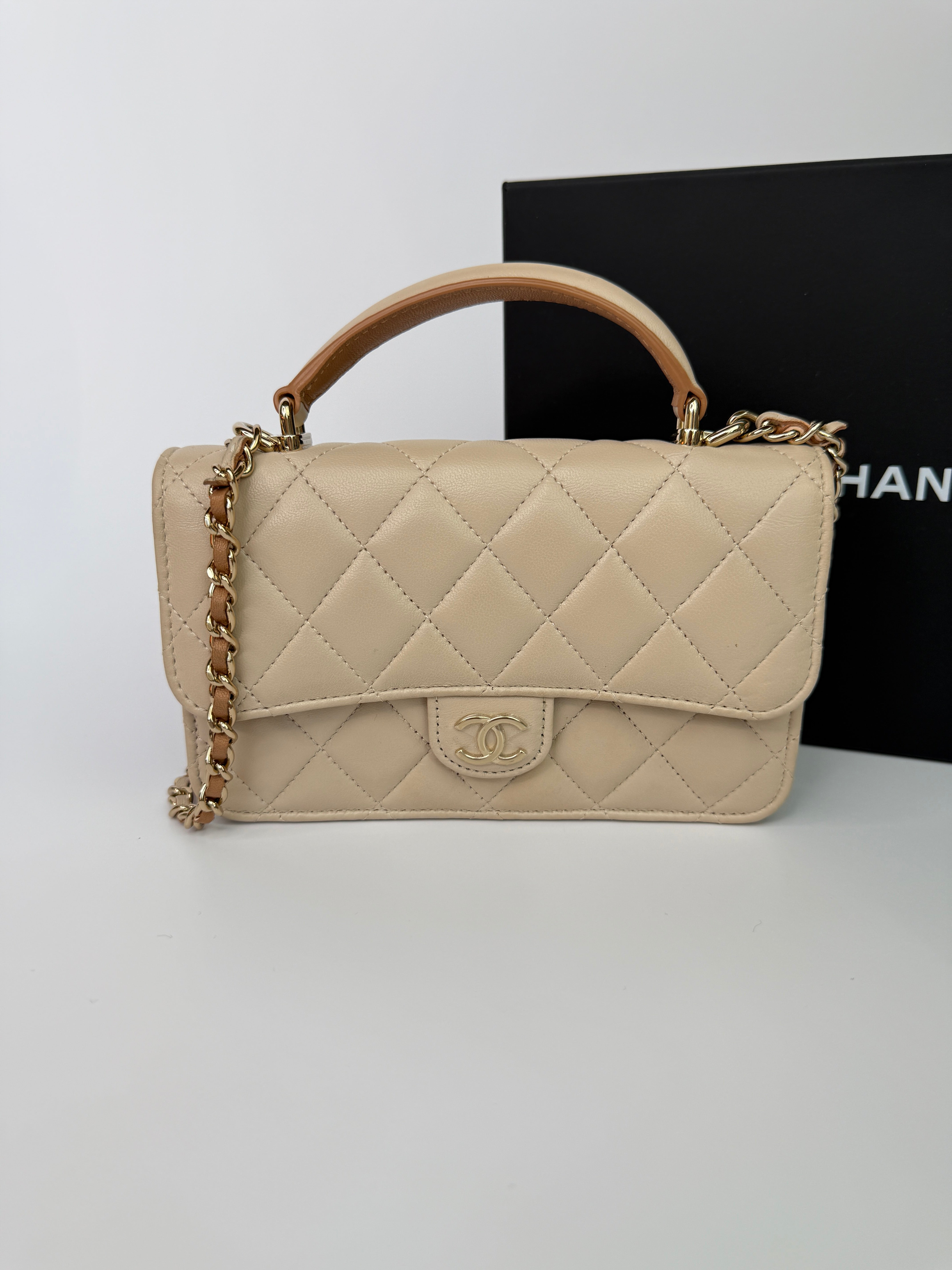Chanel Top Handle Mini WOC Ecru/Beige Lambskin Gold Hardware 23P
