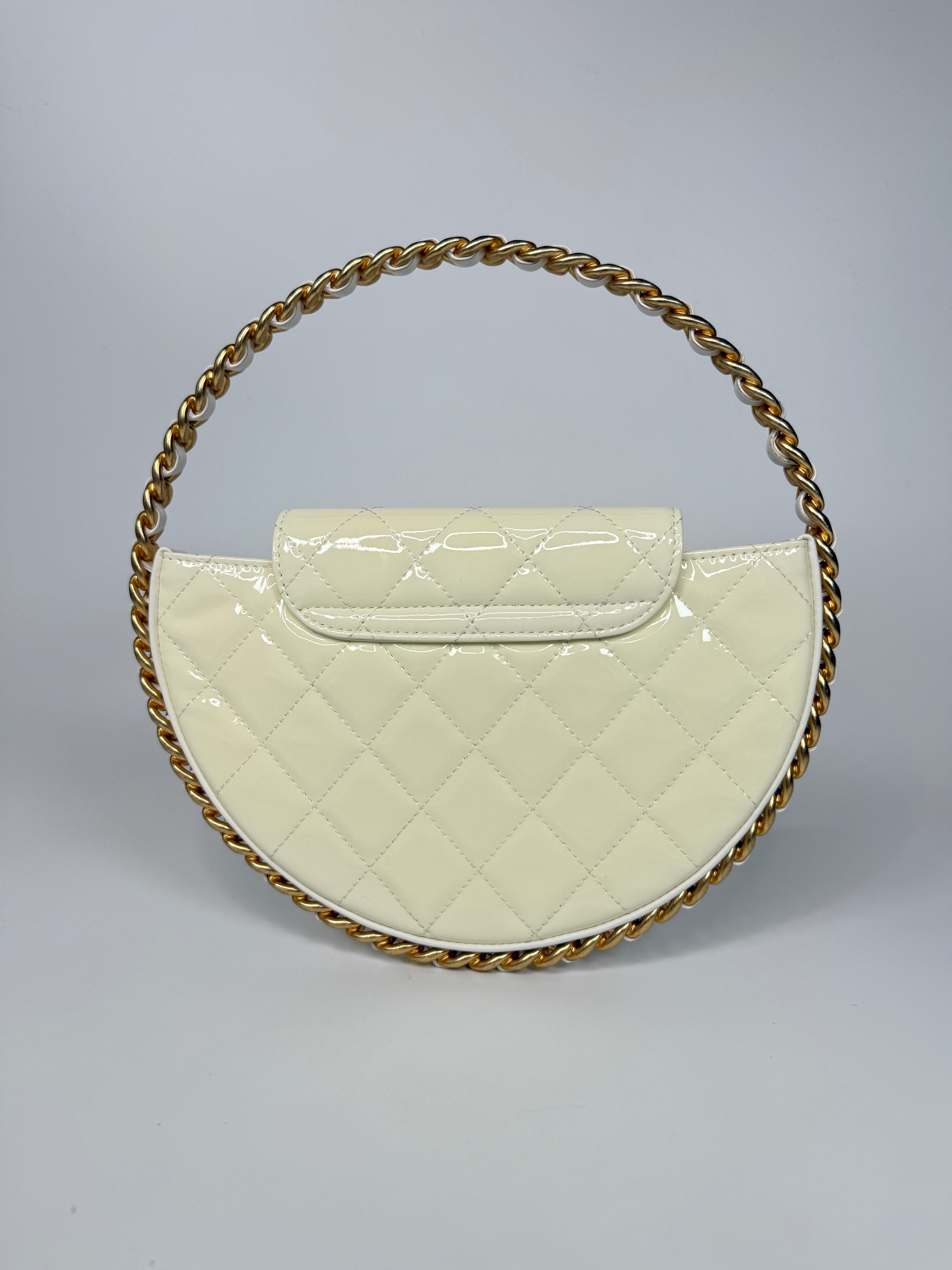 Authentic and preloved Chanel White Quilted Patent Leather Chain Around Hoop Bag In Excellent condition. 100% Authenticity Guarantee 