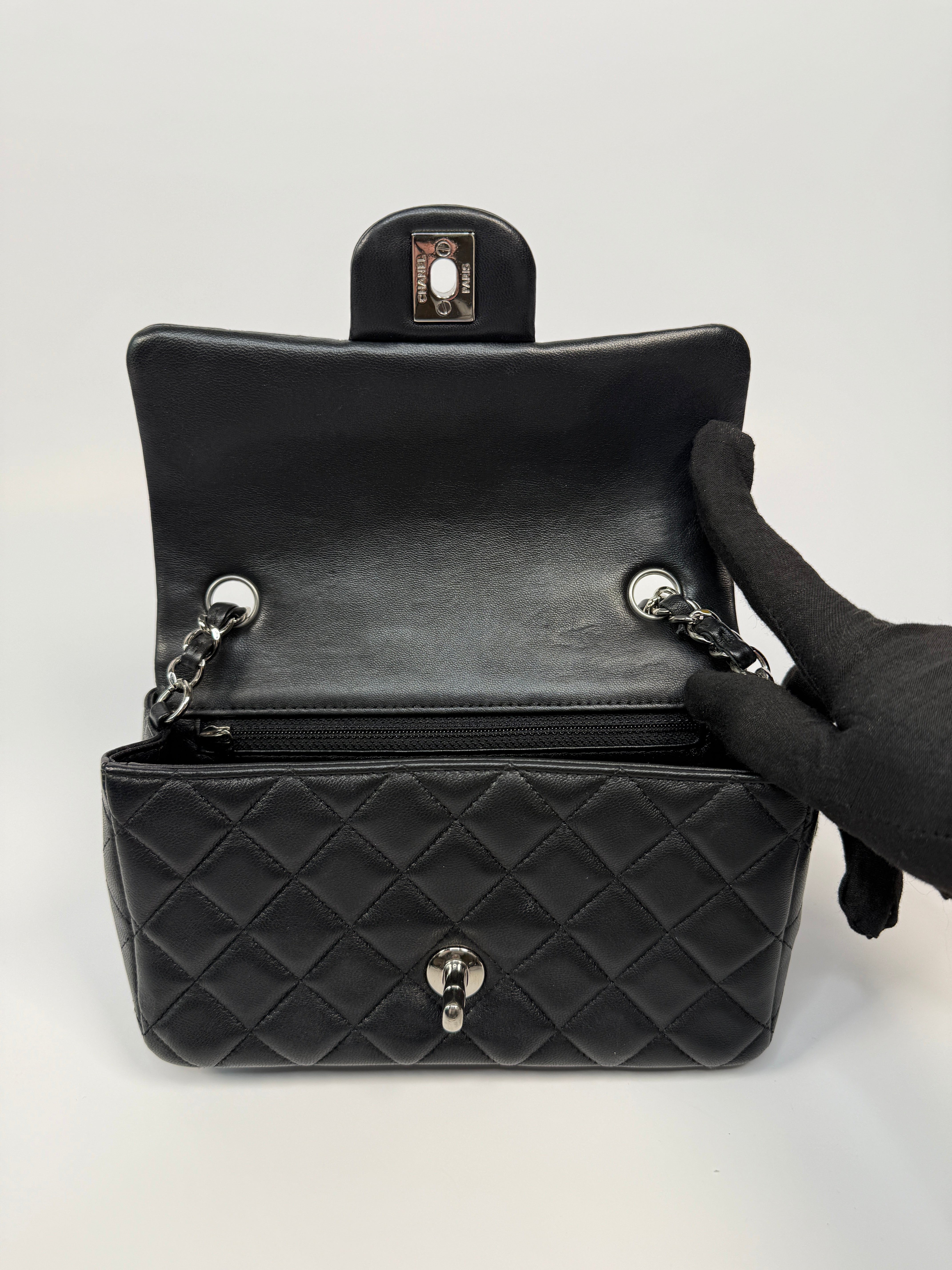 Chanel Mini Rectangle In Black Lambskin Silver hardware, authentic and preloved in very good condition