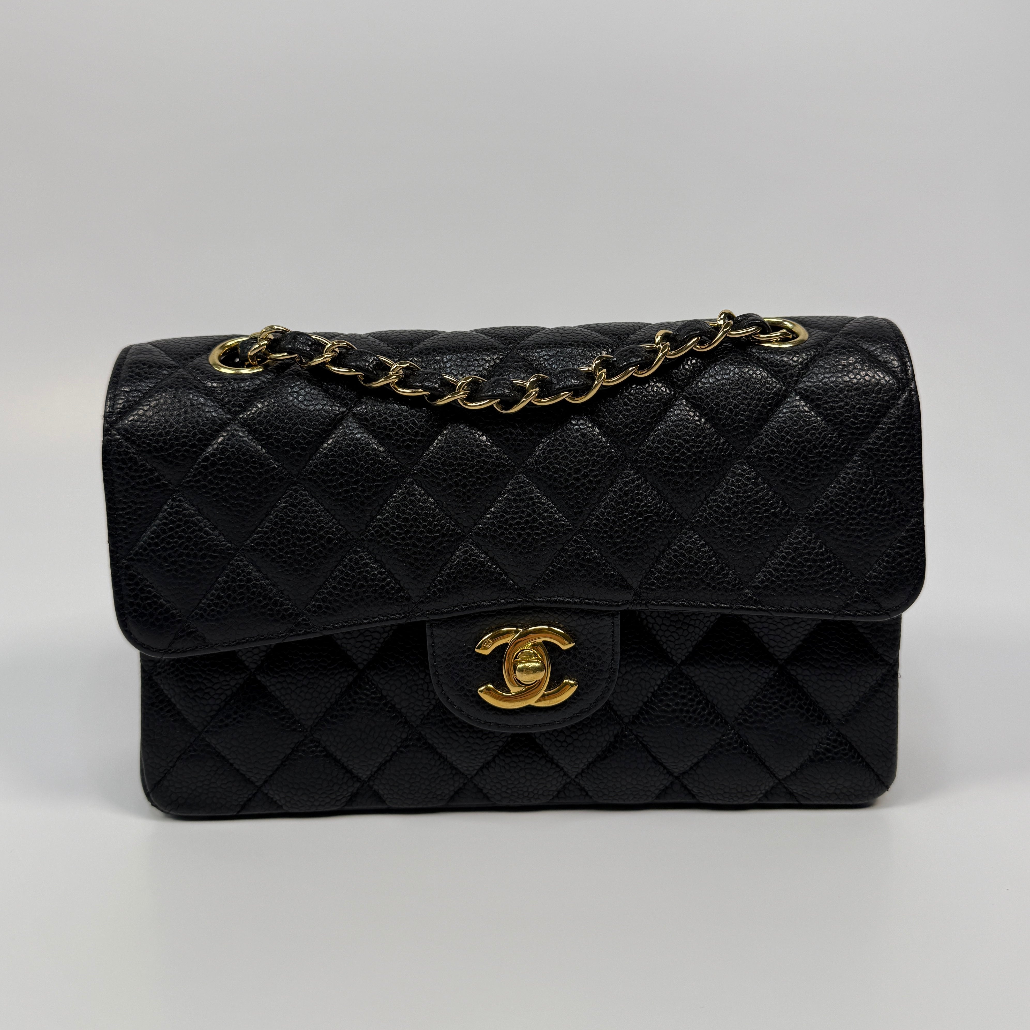 Chanel Small Vintage Classic Double Flap In Black Caviar Leather With Gold Hardware, Authentic And Preloved In Excellent Condition