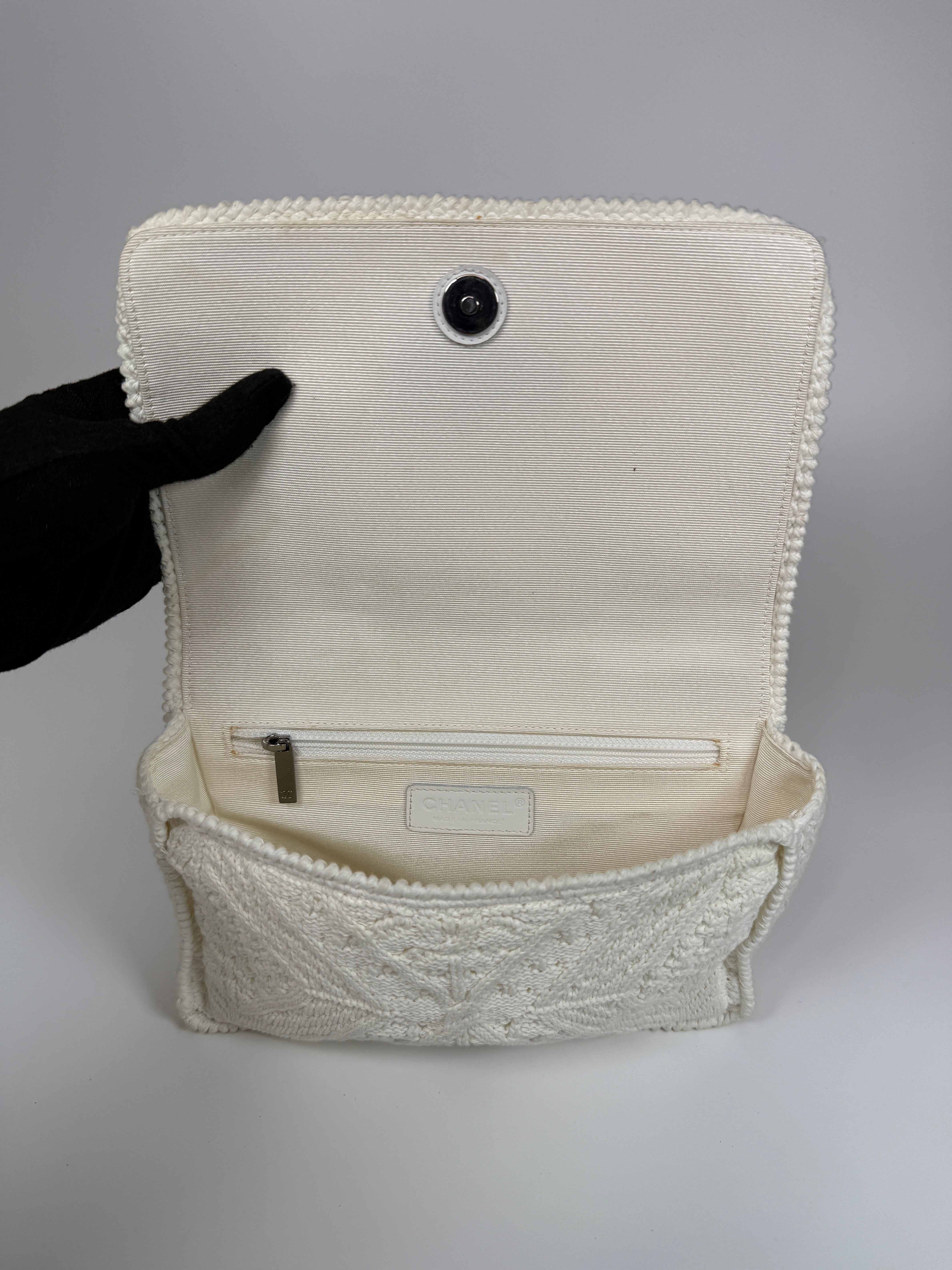 Authentic and preloved Chanel Vintage White Crotchet Flap Bag With Silver hardware. Good condition. 100% Authenticity guarantee 