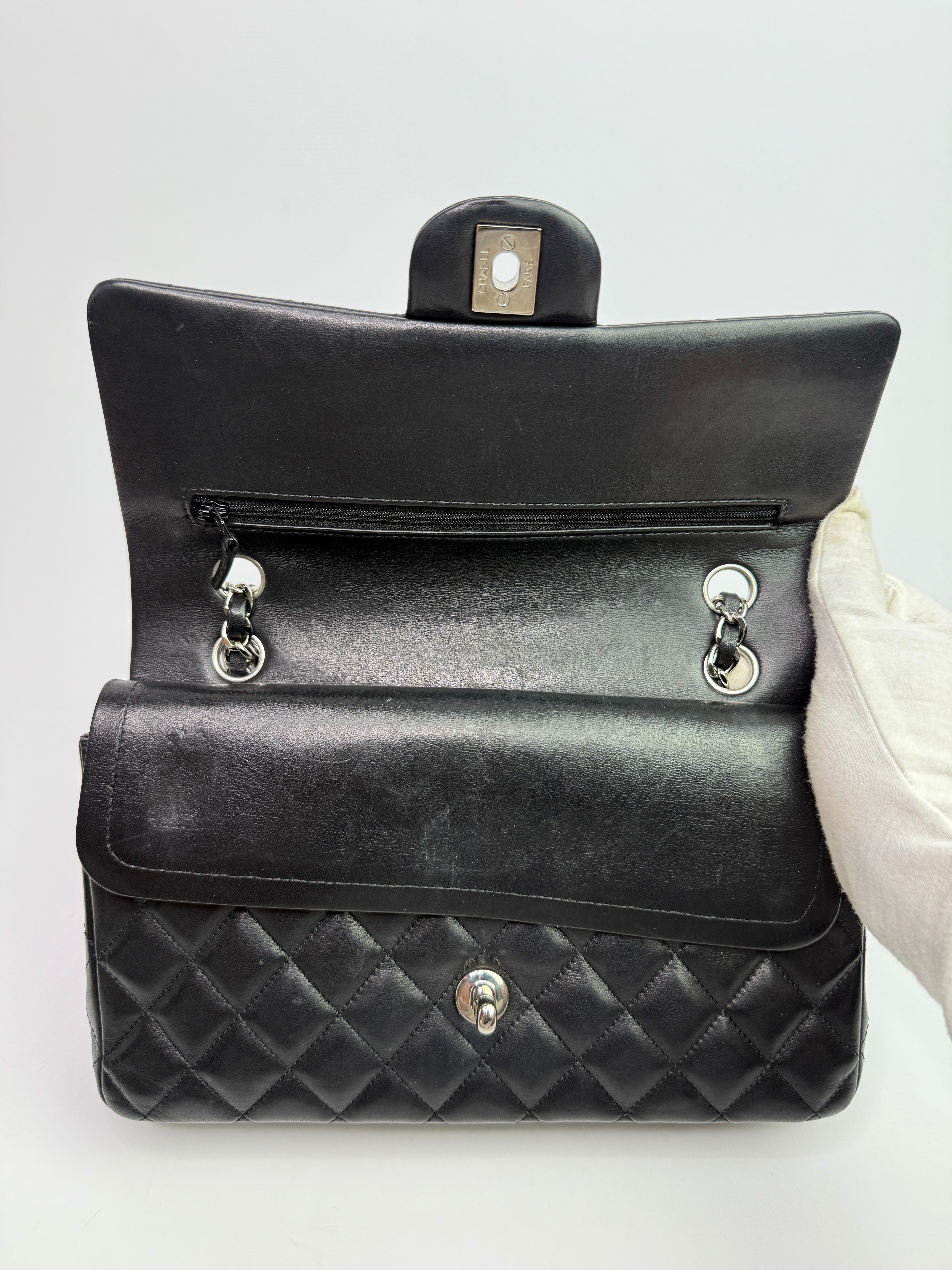 Chanel Medium Classic Double Flap Black Lambskin With Silver Hardware
Pre Loved & Authentic 