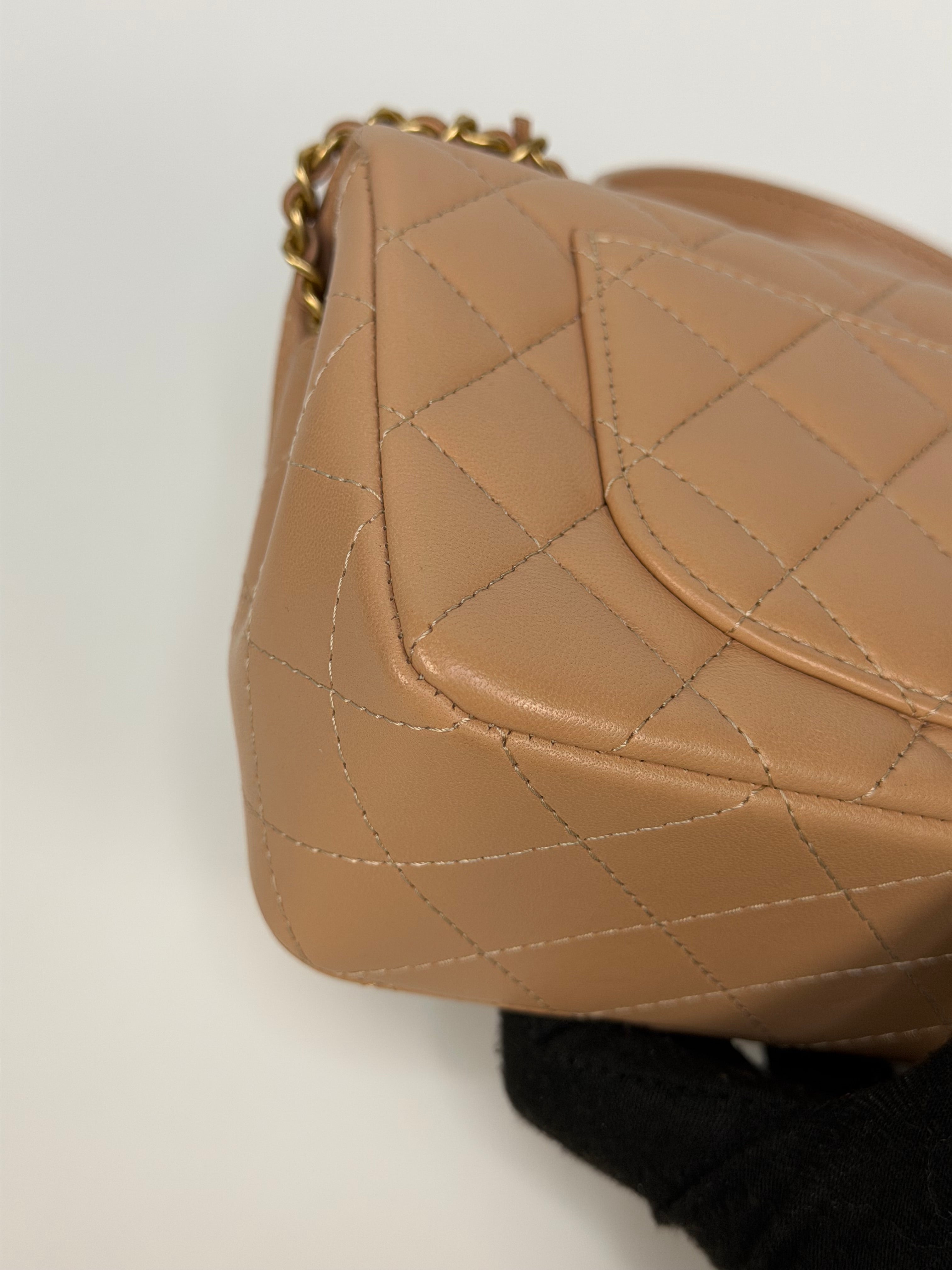 Chanel Mini Rectangle Top Handle In Beige Lambskin Leather Gold Hardware